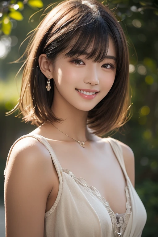 (A Beautiful youthful lady、 Korean woman、Fashion model、Black Hair、Wavy Hair、short hair、bob hair、ponytail hair、very detailed & beautiful facial features、beautiful detailed eyes、flawless skin、hands on hip、
ear piercing、silk scarf around the neck、see-through silk blouse & dresedium breasts、 melon face 、kind smile、Beautiful teeth alignment、Intricate details、(Very detailed:1.2)、 Looking into the camera, lens flare、sun rays、bokeh background, the cowboy shot, SFW)