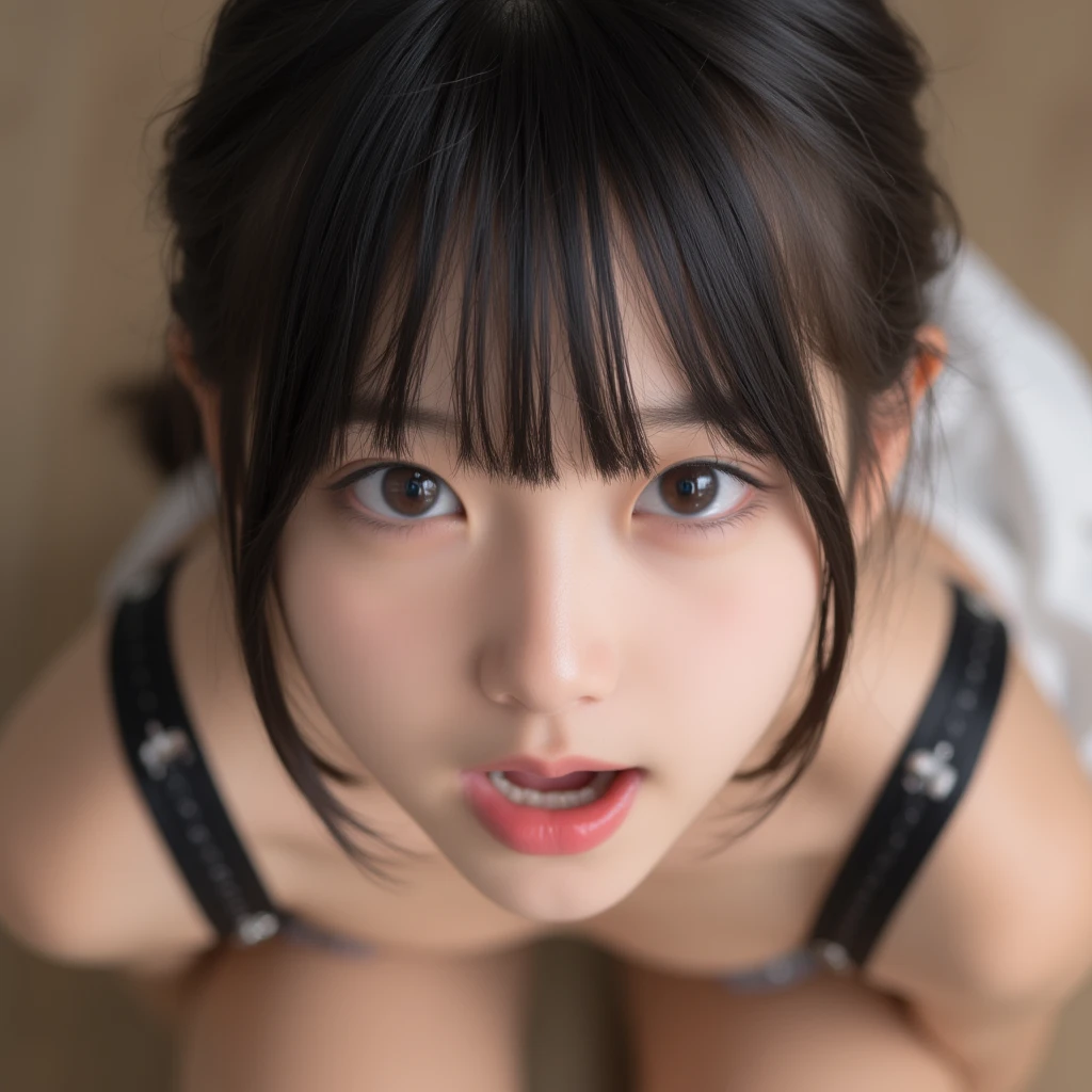 triangle-bikini,(open mouth:1.5),(tongue out:2),Kneeling,Hands between legs,Collar with leash,leash pull,front view,face focus,from above,(1girl,Beautiful 14 year old girl,ager),((Slender,Small breasts,Small face,)),(looking at viewer),Black Hair,bangs,Poolside