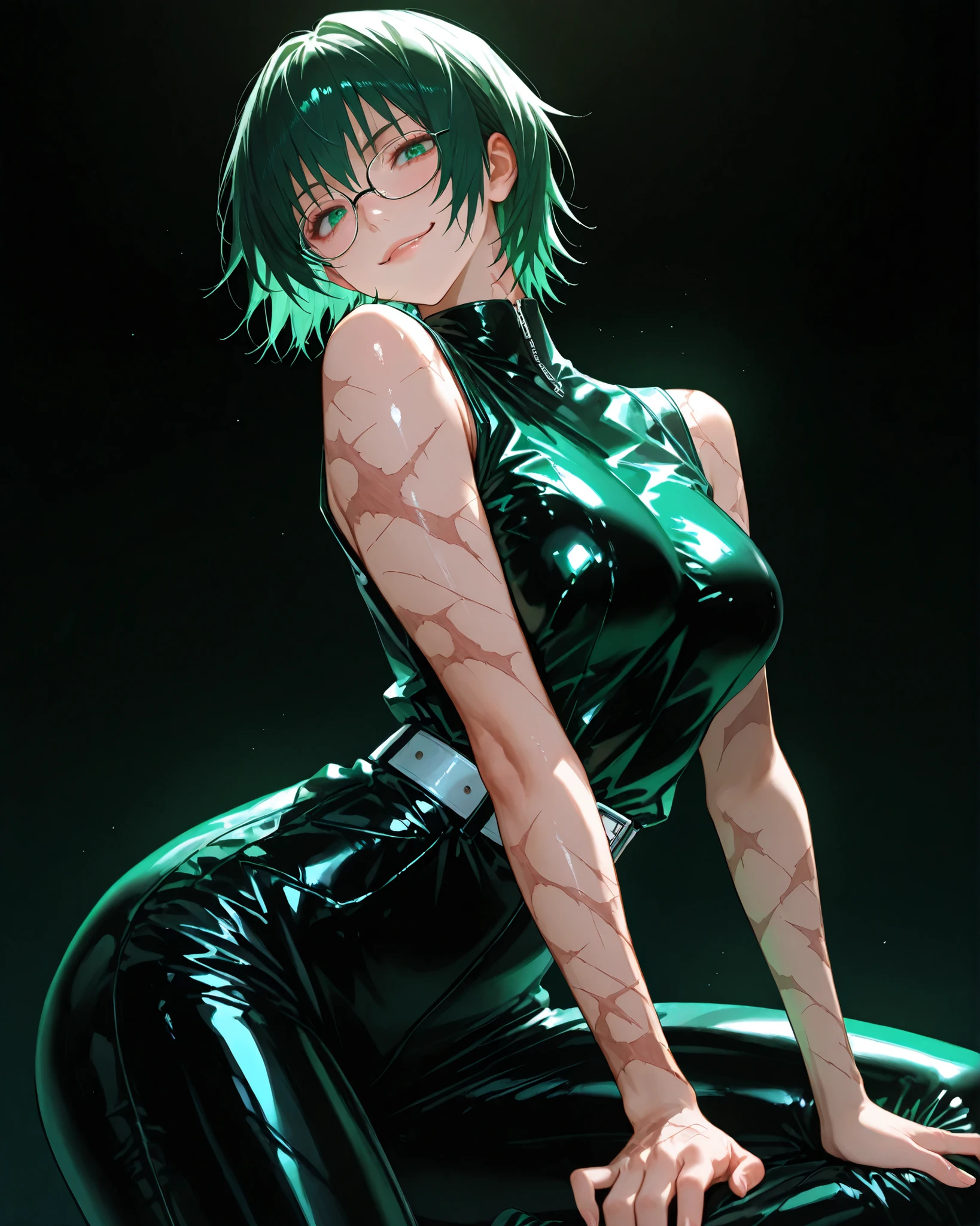 closeup, Sluisap, eyes、usnr、GBF_style、748cmstyle、32K、Semi-realistic、 super detailed description 、Artwork、Original Works、 detailed color、 detailed eyes、 detailed lips 、 The Greatest Masterpiece、Professional work、normal Breasts , Jujutsu Kaisen character , Maki Zenin , Maki Zenin , wears glasses , Wearing a high neck , sleeveless black latex top , glossy material , high waisted black pants latex , white colored belt , metallic buckle , scars on body . , green color hair , , sexy、 black color background、 cowboy shot, shiny body, full frame, full length, perfect fingers:1.3, very blushed face , smirking, close up, on all fours , sitting , arched back, shiny body , looking at the viewer ,