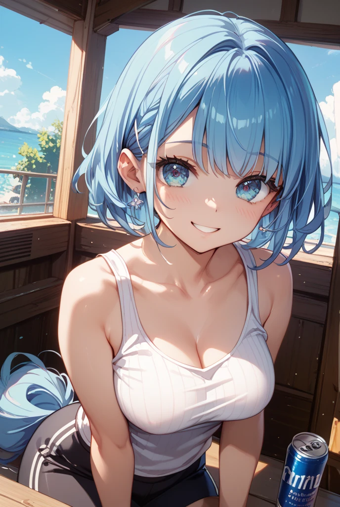 Illustration of a cute model girl, (Anime style:1.2), masutepiece, Best Quality, ultra-detailliert, 4K, absurderes, hight resolution,(((masutepiece, Best Quality)))((masutepiece:1.5)), (Best High Quality, 超A high resolution, The ultra -The high-definition, 4K:1.3),(((Perfect hands, Perfect fingers, Perfect legs))),1womanl, Looking at Viewer ,Full body shot, 20 years old, ((Light blue eyes)),((Round eyes)), Sweat, White skin, (((skinny))), Sweat,((Shiny body, Shiny skin,)), (((masutepiece, Best Quality)))((masutepiece:1.5)), (Best High Quality, 超A high resolution, The ultra -The high-definition, 4K:1.3), (((Blunt bangs:1.3))), (((Pink bob hair))), (((blue colored inner hair:1.3))),(((blue streaked hair:1.3))), ((Blue eyes)), ((White skin)),((((Shiny body, Shiny skin,)))), ((Shiny body, Shiny skin, Big breasts)),(Colossal tits:1.2),the pose , Cute girl illustration, Anime style, (High color contrast:1.2), masutepiece, Best Quality, ultra-detailliert, absurderes, hight resolution, BREAK,
1girl in,modeled. Solo, (Early 20s,  face:1.6), Dense, Huge green eyes,, shiny eyes, ((Show your teeth and smile:1.5)), long twintail, medium breasts, Curve, ((Blue butterfly hair ornament)),BREAK,
,camo (White thin lewd halter）,(Narrow crotch,bare stomach:1.4), (((White Slingshot Swimsuit:1.6))),slingshot,Dynamic Sexy Pose,very lowleg,bobhair, (zettai_ryouiki),(high leg shorts),BREAK,
plein air, Sunset beach, Horizon, Beautiful sunset sky, Back Light, stop motion, BREAK,
(From below), (Chest close-up:1.4), Twin-tailed, BREAK,