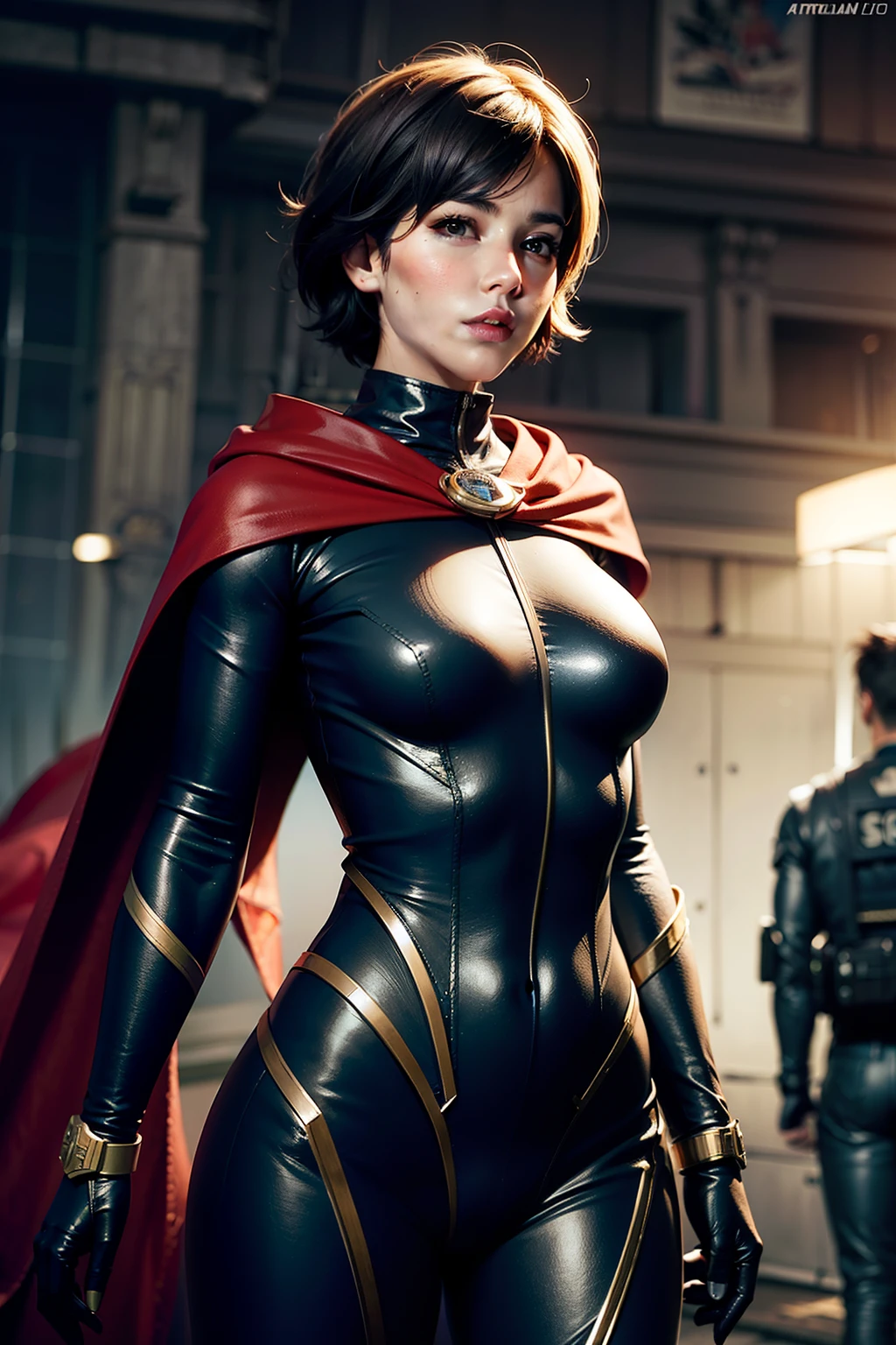 (Muscular:2.4), (thick thighs:2.4), (ginger female, pale skin, red hair:1.5), adult, (short hair:1.6), glasses, (earrings, eyeshadow, lipstick), (upper body view, three quarter view:1.5), (striations), (flat chest), (hard nipples:1.5), (choker, skintight red bodysuit:2), (small cape:1.4), (sculped muscles:1.6), detailed eyes, (athletic body:1.5), (muscular body:2), (looking at viewer), (big smile:1.6), rim lighting from the front, two tone lighting, (dimly lit), clean skin, low key (DETAILED SKIN)