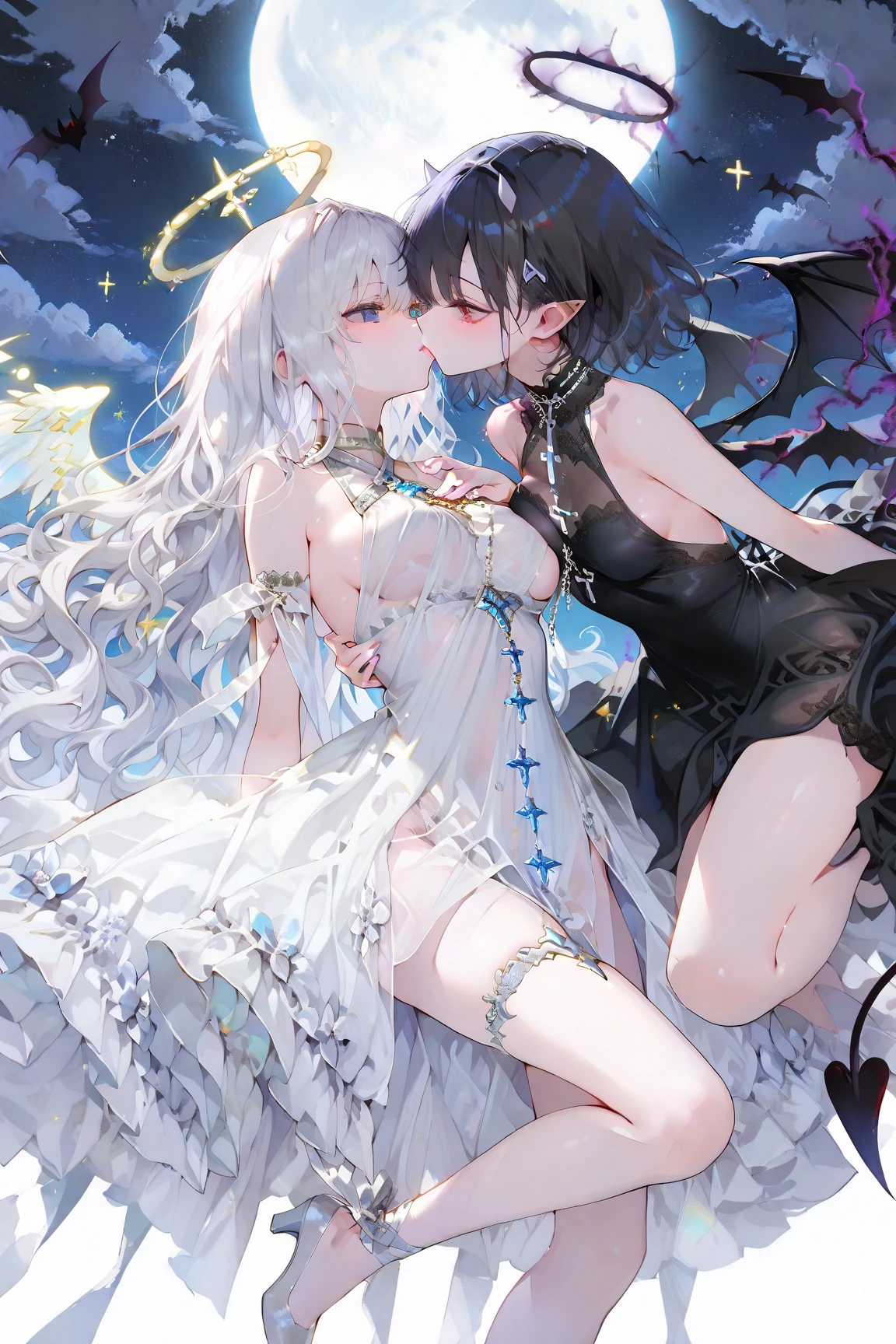 1boy, 1girl, piggyback riding, all fours, sitting on person, on top, bare shoulders, breast, angel, angel wings, bird wings, black wings, blush, cleavage, closed eyes, detached sleeves, feathered wings, feathers, head wings, low wings, multicolored wings, short hair, silver hair, single wing, smile, thighhighs, white wings, wings, outdoors, waterfall, morning, 9:07 AM