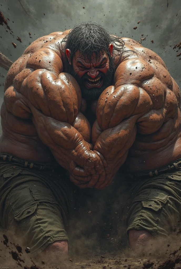 A muscular middle-aged man, thick legs, squatting pose, strong masculine physique, massive upper body, rugged facial features, intense expression, outdoor rural setting, warm natural lighting, earthy tones, hyper realistic, cinematic composition, unreal engine, 8k, photorealistic, masterpiece