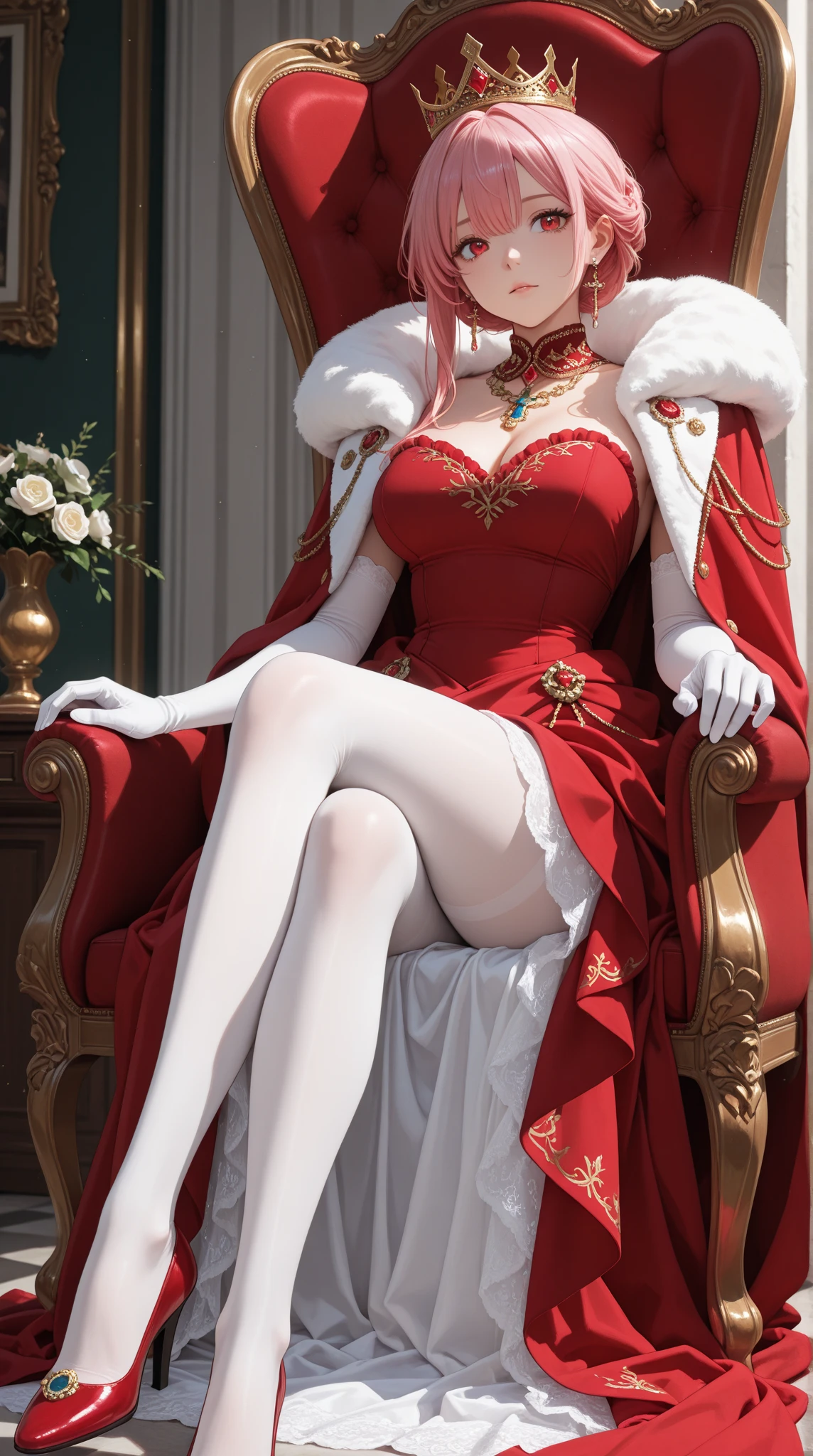 regal queen, white hair, intricate crown, silver detailing, royalty, intricate white gown, silver inlay, delicate, intricate septor, white ,sharp focus, illustration, highly detailed, masterpiece, photorealistic, high quality, 4k
