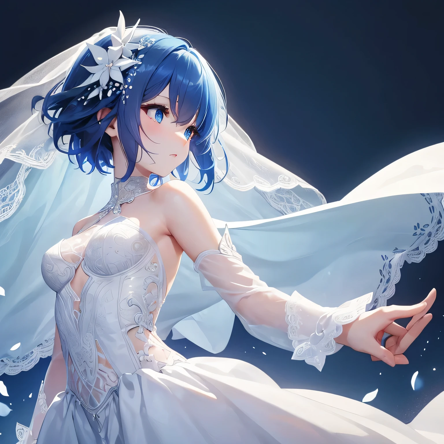 photo, masterpiece, best quality, wallpaper, 1girl, short hair, sky blue hair, sky blue eyes, hair accessories, Wedding dress, hands behind the back,