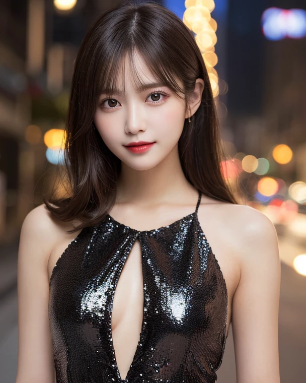 (Best Quality, Masterpiece:1.4), (Realism:1.2), (Realisitc:1.2), (Absurdres:1.2), (photorealistic:1.3), 1 girl,Realistic Skin,Solo,( Very Big Eyes,beautiful detailed eyes, symmetric eyes,),<lora:black_cleavage_dress:0.75>,Earrings ,Sequin dress,, silver chain, cleavage cutout, stomach cutout, bare arms, bare shoulders, <lora:add_detail:1>,Night Streets,