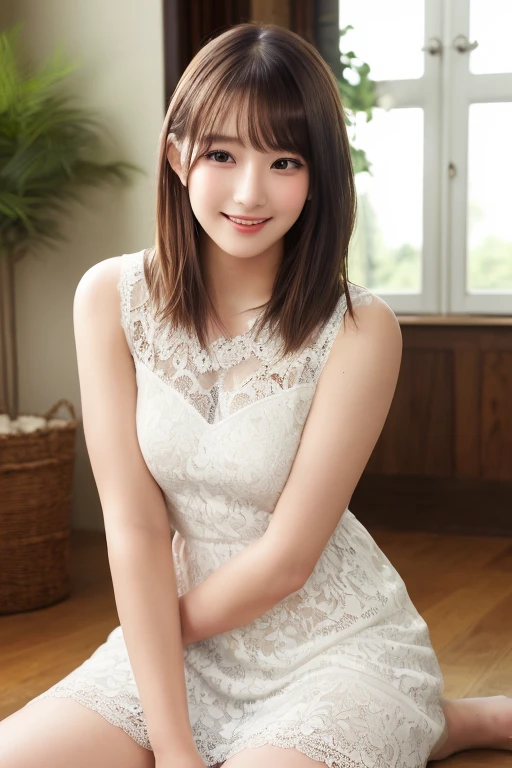 8k、RAW Photoasseter muscle area:1.2)、(Photorealistic:1.2)、(Highest quality)、((Sleeveless with white frills))、((Adult woman in floral white skirt))、((Japanese、30 years old))、A woman with light brown hair、((Whole Body Ezbian、Breast fullness))、compensate、Smart Body、Laughter、Various poses、Ultra detailed face、Detailed eyes、((No close-ups))、(Inside the cafe、Sit on a chair)