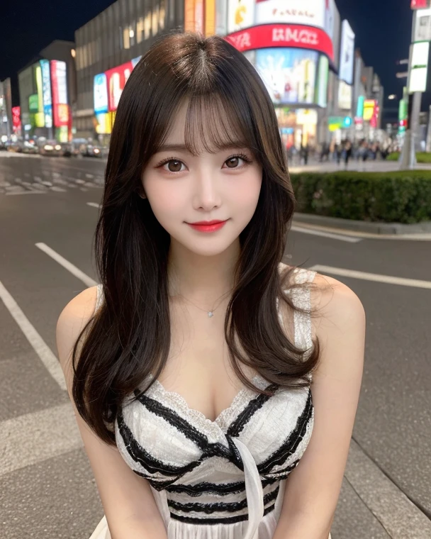 highest quality, shape, Very detailed, finely, High resolution, 8k wallpaper, 完璧なダイナミックな構shape, Beautiful and detailed, Latest fashion trends in Tokyo spring wear,Medium Hair, Small breasts, Natural color lip,smile,20-year-old girl、Midnight、Beautiful and elaborate face、Perfect and beautiful face、Slim face and figure,spread your arms wide,Big eyes,Take a photo with your face raised from below your knees、Small face、Beautifully detailed face、Perfect and beautiful double eyelids、Big cleavage、Thin legs