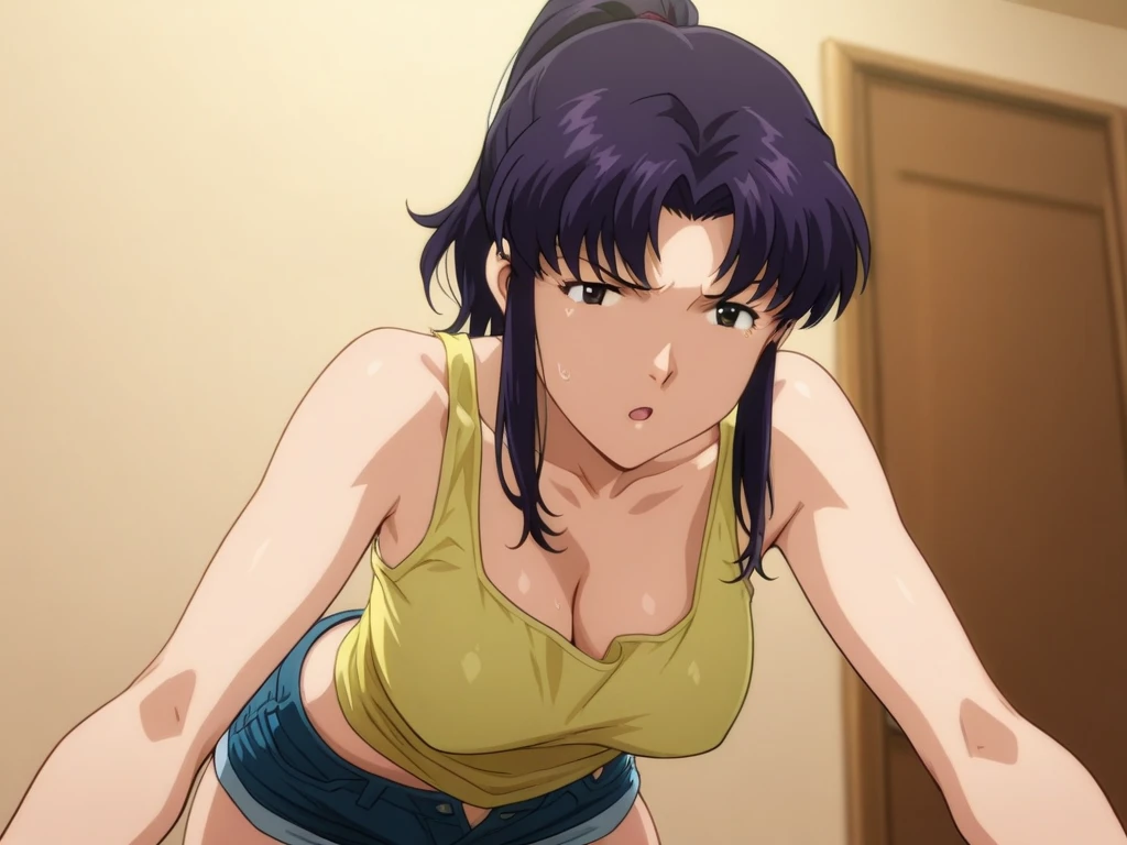 Fit Caucasian woman, in green pink and white striped bra, green pink and white striped high cut panties, in locker room, anime art style, intricate details