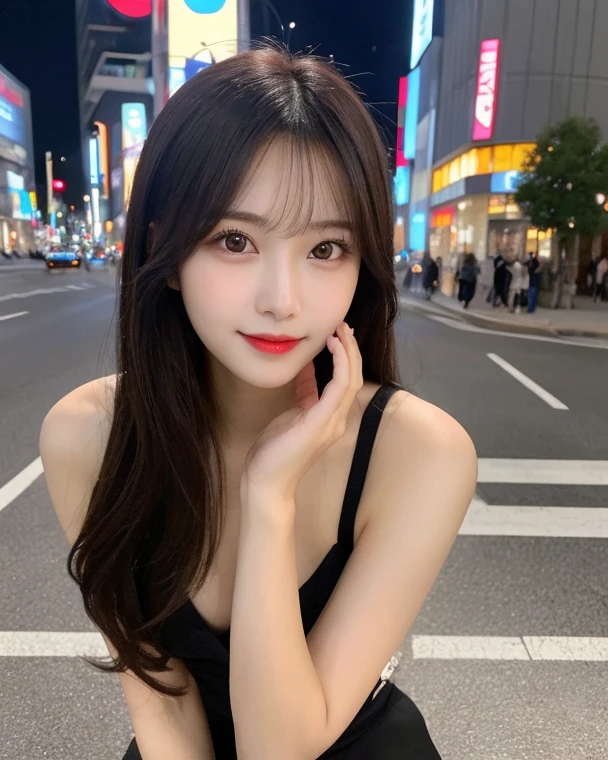 Tabletop, highest quality, figure, Super detailed, In detail, High resolution, 8k wallpaper, Perfect dynamic composition, Beautiful fine details, She is wearing a black dress,Medium Hair,Natural color lip, Bold sexy pose,smile,Harajuku、20-year-old girl、cute、sexy shot looking at camera、C Cup、Brown Hair、caste-like face、Blurred night downtown background