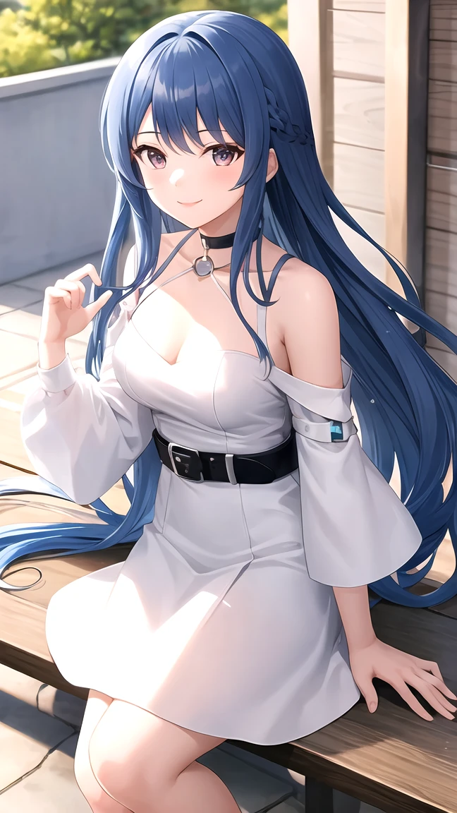 digital art, soft and fantasy style, an anime girl, pretty face, pretty hair, (glittery hair), deep ocean colored hair, shining ocean-like eyes, looks very confident and bright, not NSFW, wearing fantasy tops and shorts, (VERY glittery), wearing a lot of cute jewelry, glittery jewelry, omit ugly hands, standing, in next to a swimming pool, soft and cozy atmospheres
