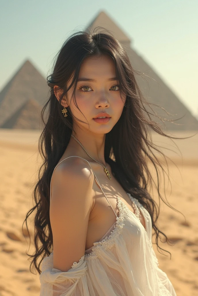best quality, masterpiece, photo realistic, intricate details, raw photo, photon rendering, octane render, absurdres, ultra detailed, detailed face, detailed skin, trending on artstation, 8k masterpiece, cinematic lighting, ( (1girl)),((solo)),((looking_at_viewer)),trending on cg society,plasticien,((black long hair)),((beautiful woman)),(Smile),sexy lingerie, lingerie, underwear, bra,((Egyptian pyramid)),((sexy)),wind blowing hair, ((flowing hair)),happy,fashion magazine,