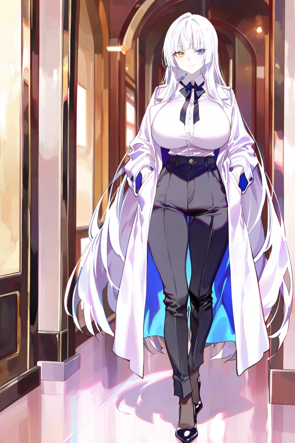 Domineering female president,Slim,White hair,长White hair,in office,full-body shot,Black pantyhose,High heel,wear glasses,Long Law,High target,Wearing a black suit,Put your hands behind your back