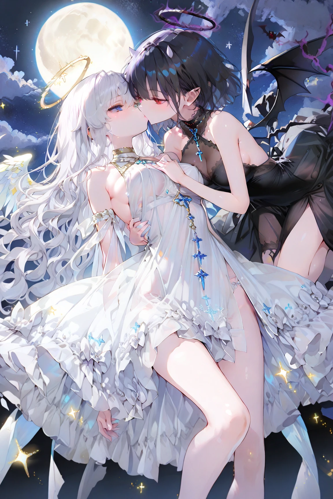 Depth of bounds written, detailed eye, ((CG illustration)), ((face focus)), ((masterpiece)), ((8K)), ((super detailed)), ((Super high quality)), ((cinematic)), ((Photoreal)), ((close up shot)), (solo), (cool girl), very long hair, straight hair, (((thin body))), Glossy skin, ((look away)), (Beautiful goth girl with high cheeks and legs), Gothic makeup, clear eyes, lipstick, dark eye shadow, ((No bra)), choker, earrings, provoke, night, ((full moon)), ((Functional)), Lonely, Visual kei, ((pastel colour)), Unwound clothes, forget, kiss, White Knight, dark, silence