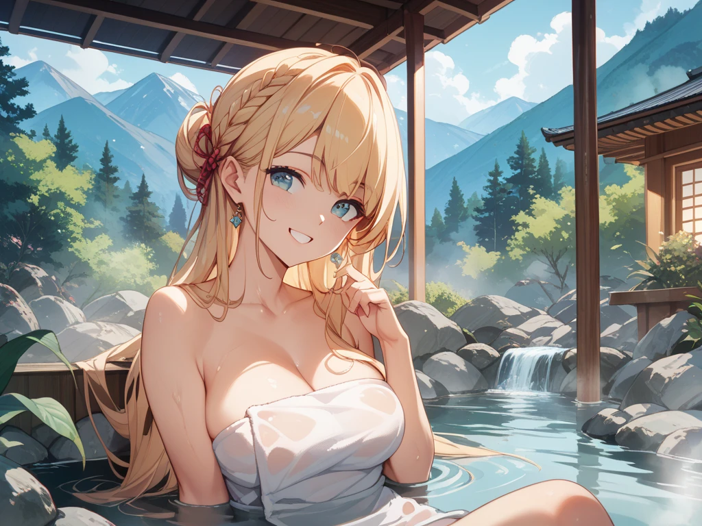 1girl,  long_hair, swimsuit, bikini, breasts, solo, navel, bare_shoulders, sitting, blush, looking_at_viewer, stomach, very_long_hair, bangs, white_bikini, outdoors, cleavage, thighs, ocean, braid, choker, water, blue_eyes, closed_mouth, blonde_hair, bare_legs, beach, ribbon, hair_ribbon, medium_breasts, off_shoulder, sky, smile, large_breasts, sidelocks, eyebrows_visible_through_hair, collarbone, day, see-through, cloud