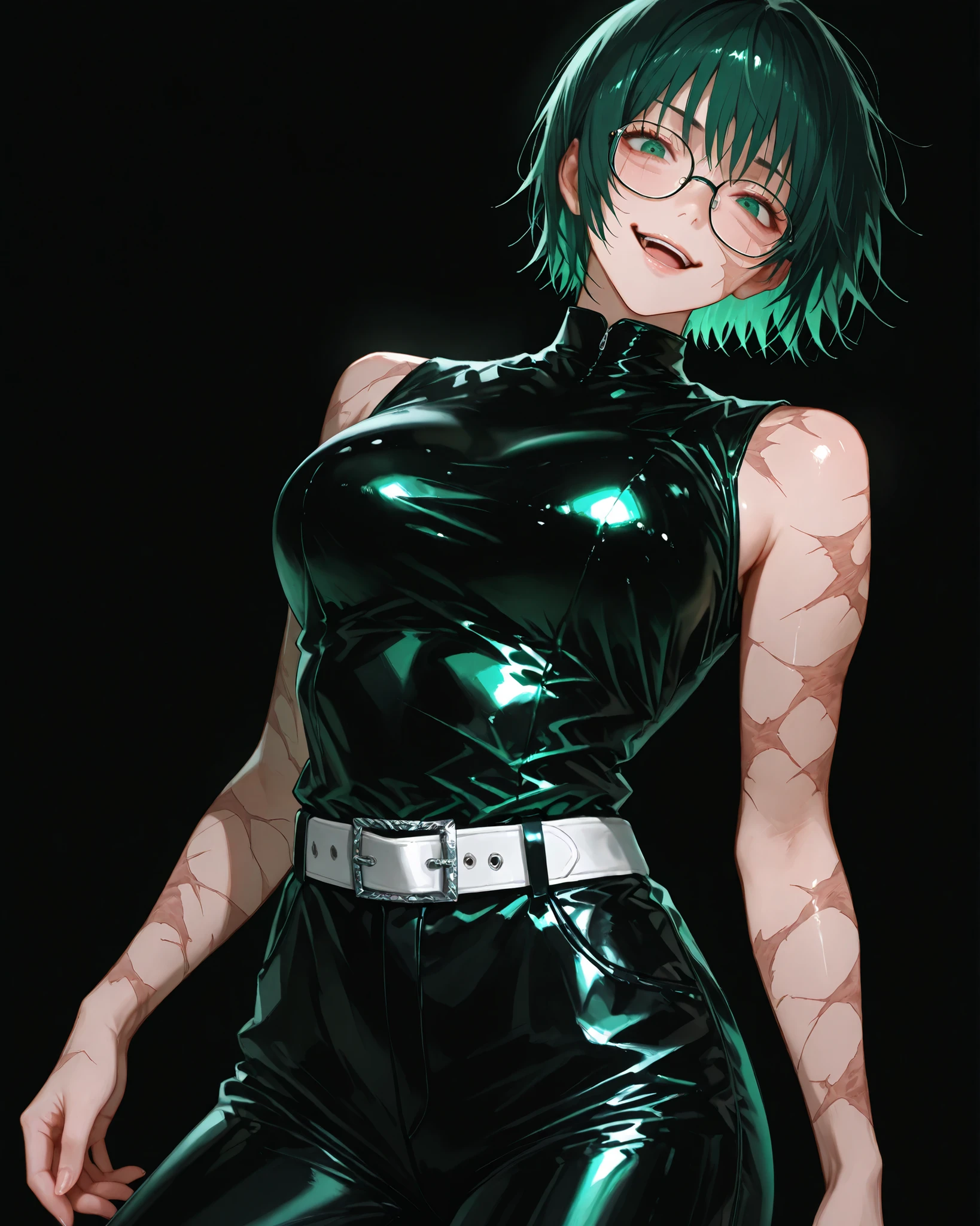 closeup, Sluisap, eyes、usnr、GBF_style、748cmstyle、32K、Semi-realistic、 super detailed description 、Artwork、Original Works、 detailed color、 detailed eyes、 detailed lips 、 The Greatest Masterpiece、Professional work、normal Breasts , Jujutsu Kaisen character , Maki Zenin , Maki Zenin , wears glasses , Wearing a high neck , sleeveless black latex top , glossy material , high waisted black pants latex , white colored belt , metallic buckle , scars on body . , green color hair , , sexy、 black color background、 cowboy shot, shiny body, full frame, full length, perfect fingers:1.3, very blushed face , smirking, close up, kneeling , Open mouth , painful reaction , shiny body , looking at the viewer ,