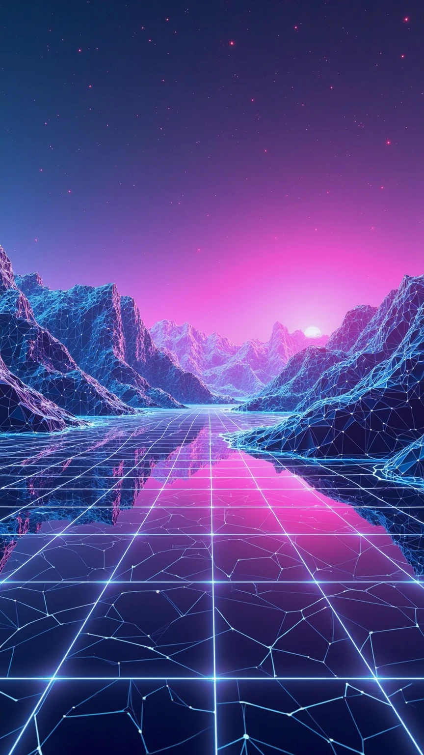 neon wireframe grid landscape with undulating polygonal hills reflecting on a glossy mirrored surface, vibrant gradient sky transitioning from deep indigo at the zenith to electric cyan at the horizon, interconnected grid lines glowing in hot pink and violet, subtle luminous noise and digital artifacts flickering across the mesh, low-angle perspective emphasizing depth and scale, soft volumetric light rays piercing through warped polygons, high-resolution 8K detail capturing crisp geometry nodes and glowing edges, cinematic widescreen composition with symmetrical reflection, photorealistic rendering style blending retro 80s synthwave aesthetics and futuristic digital surrealism  
