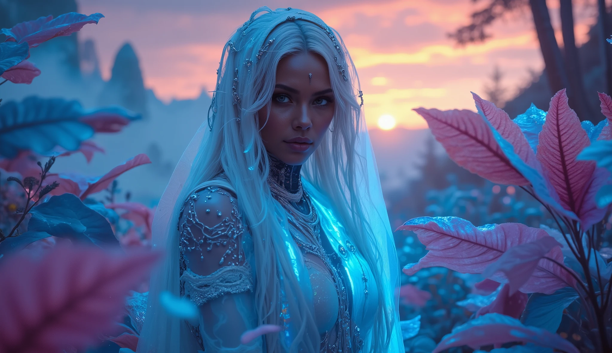Hyper-realistic, photorealistic, maximum detail, masterpiece: beautiful Latin woman with a highly realistic, detailed face, brown skin with real texture, and a perfect body. She has messy white hair with blue luminescence and wears a white veil with blue luminescent technological details. She stands in a natural pose, her face illuminated with perfect environmental lighting and strong light. She is in an otherworldly deep forest bursting with vivid, fantastical colors—electric blues, radiant pinks, and glowing purples; trees and bizarre alien vegetation with intensely luminescent blue and pink leaves that shimmer with ethereal light; a lush, dreamlike forest setting. On the horizon, a surreal sky with dramatic, swirling clouds in bold, contrasting hues of fiery oranges, deep violets, and shimmering golds, all sharply detailed. In the forest, With the entire scene illuminated by a powerful, magical glow that enhances the surreal beauty of the environment