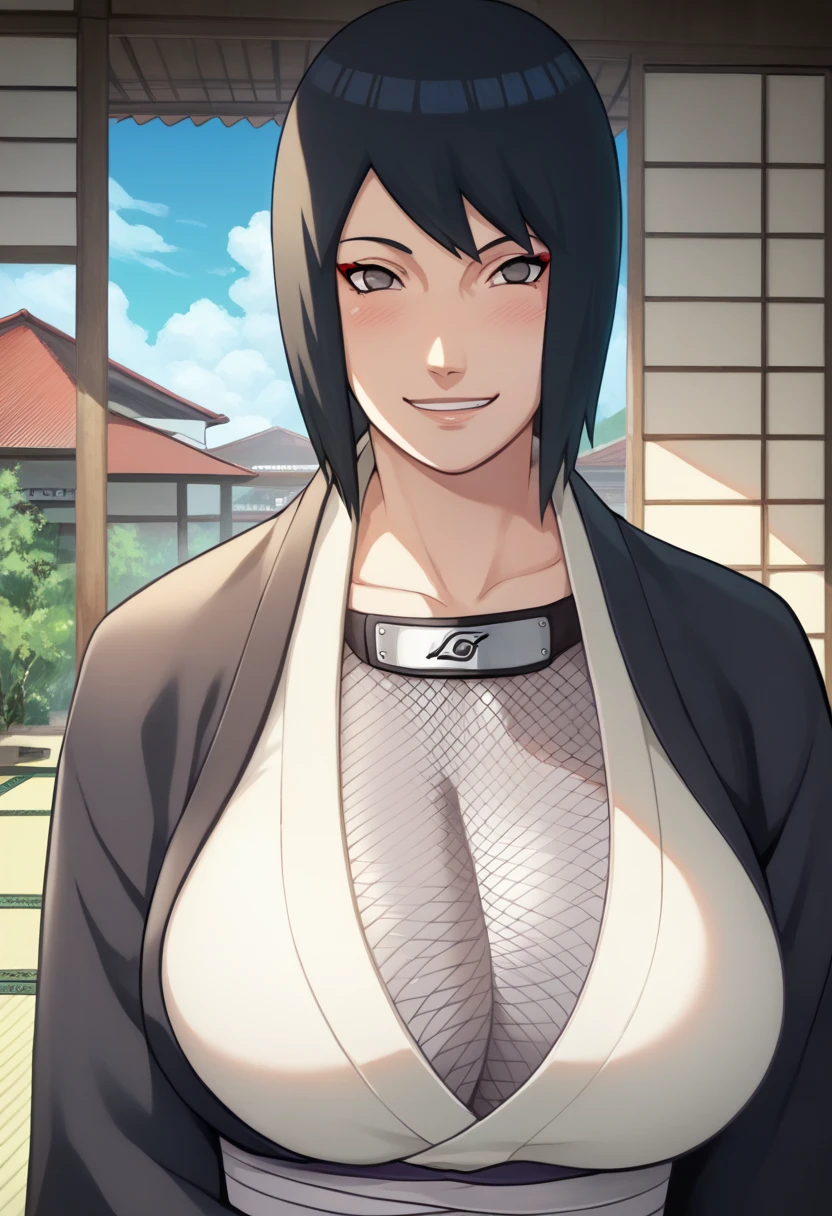 tmasterpiece， Best quality at best， 1girll, Large breasts，Off-the-shoulder attire，（cleavage)，（upperbody closeup)，navel piercing, nice navel, Raised sexy，is shy，ssmile，with dark blue hair， long whitr hair， （white eyeballs:1.4)，the cherry trees，Cherry blossoms flying，yellow crop tanktop