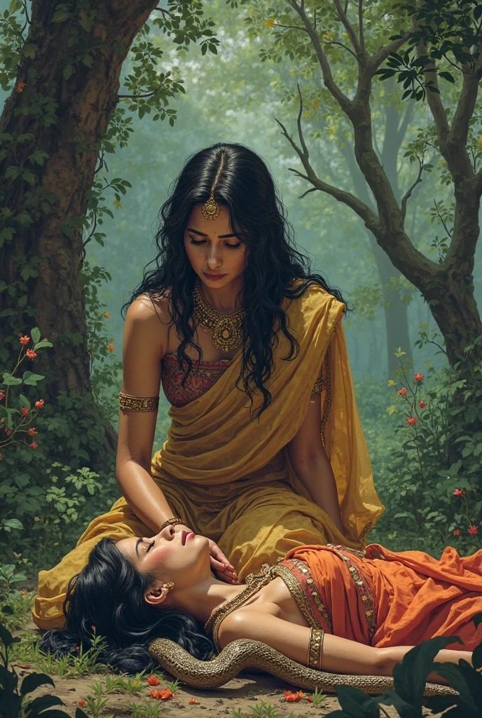Indian female god crying in front of a ded body of a lady doctor, female god's in one hand holding a trishul, The lady doctor was wearing a doctors sky blue dress, Blood everywhere.