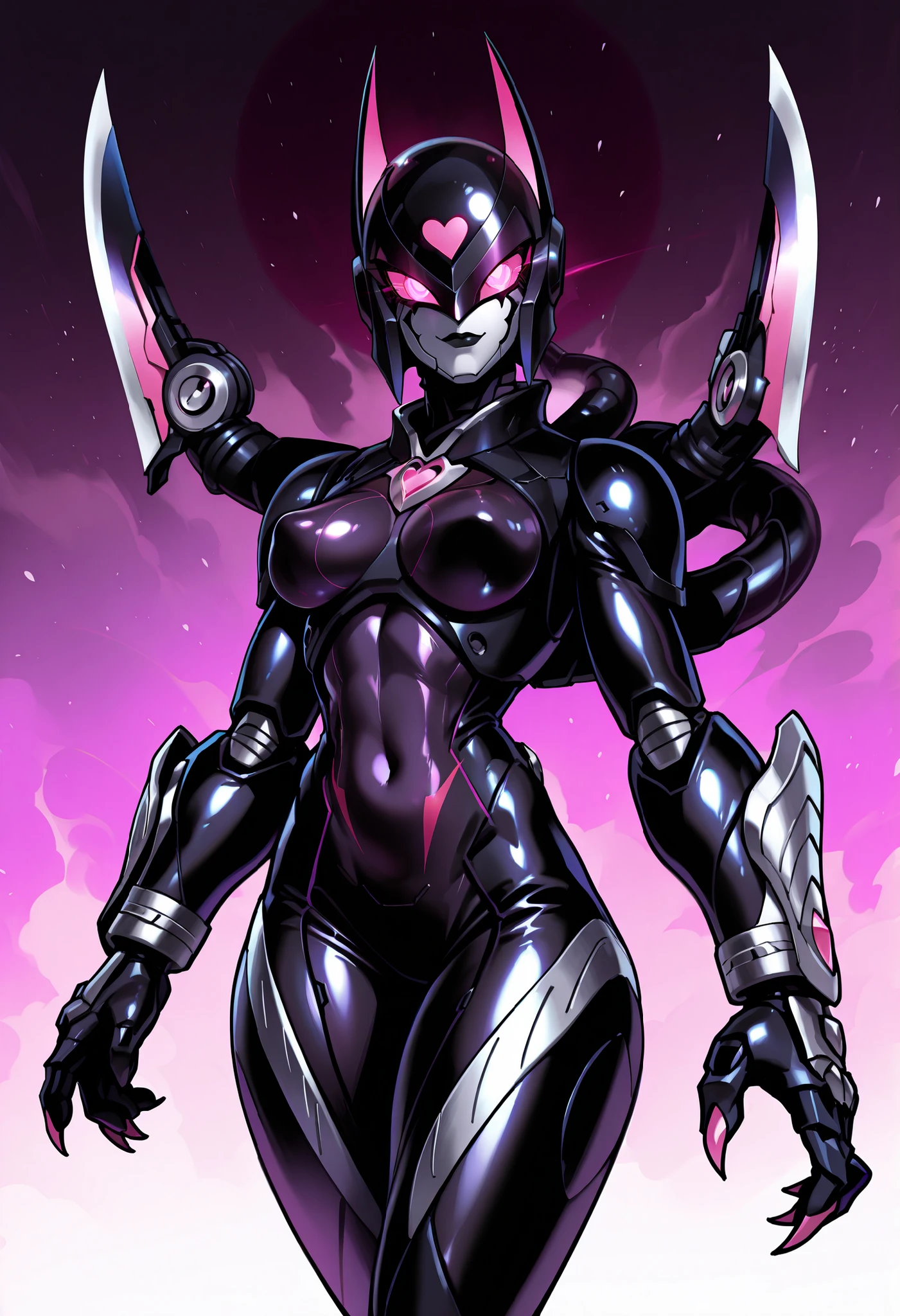 Dark UltraWoman. (high quality)(luster)((Black Face and red eyeline))(Black and purple thema color. black helmet. A full-face helmet. Pink lines. Purple glowing mechanical eyes. The whole body is covered with a black bodysuit. Thick legs. Spike decoration. Pink lines all over the body. Heart tattoo . purple coloreye. pink glow crystal. pink sharp claw. Night background.