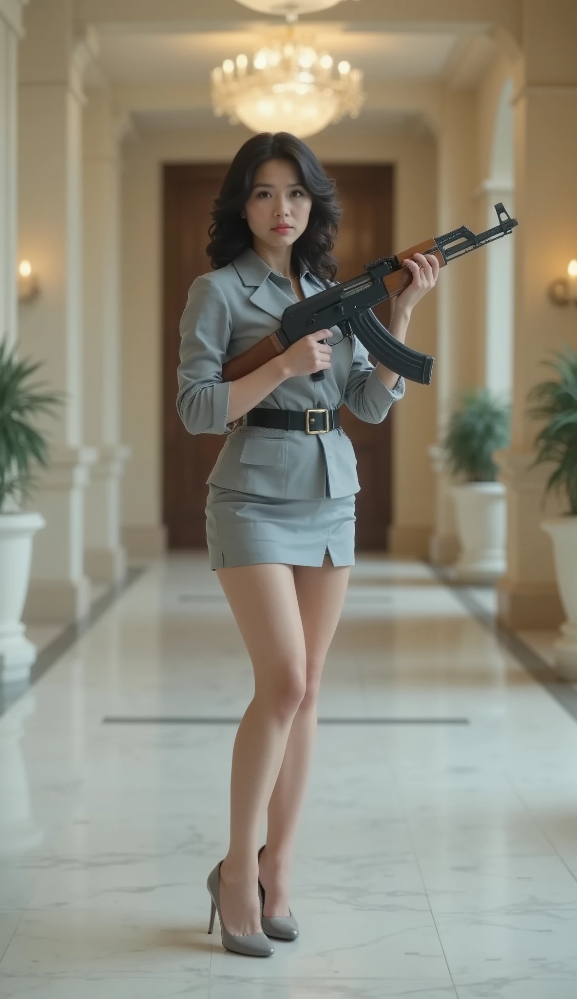 long shot, fullbody shot, 1woman, (Indonesian), (beautiful woman), black wavy hair, medium 160cm short height of body, slightly chubby, albino skin, wearing formal office dress, grey silver color, mini skirt with high-slit, standing easy, holding an AK-47 wooden stock, background indoor office building lobby.