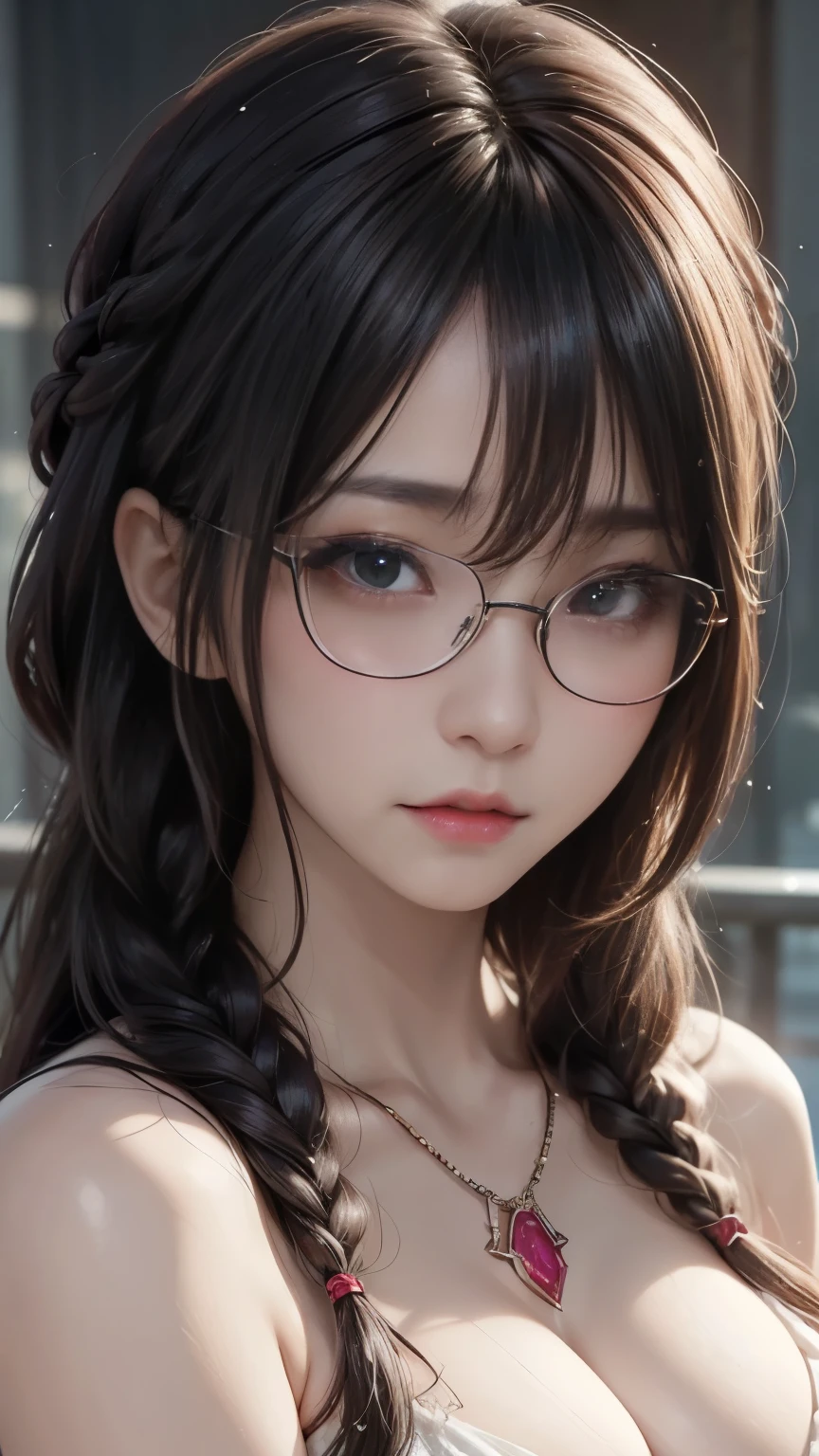 ( top quality, The best illustrations,high resolution:1.2),(Villain of demon:1.1), ( Witch:1.5),(evil:1.5),( horror fantasy:1.5), (((evil eyes,Well-trained abdominal muscles))),(Fatal Beauty,Attractive beauty) ,(A supple and powerful physique),(Sensual charm),(Mysterious charm:1.1),(Captivating silhouette), (ink and watercolor:1.5),(Ominous Scenery :1.5),(A lot of dust rises:1.5),(wonderful:1.5),(top quality,masterpiece:1.5), (Powerful figures:1.1、Big Breasts:1.3) 、 ((((Glasses,braids,close up sexy shot, cute, Evil Ruby's Cursed Necklace )))),(((Glasses、Big Breasts,braids))),pretty face, raise my eyebrows , ,(Fatal Beauty, charming beauty ) ,(Mysterious charm:1.1),(Big Breasts、Attractive silhouette), HD texture 、High Quality Shadows, beautiful and delicate face 、 Beautiful and delicate sticky liquid dripping from eyes 、 ray tracing 、 20th generation、 cute K-POP girl、( The Face of Korea )、Thin face、( Ulzan-6500-V1.1:0.6)、 The face of pure loss _v1 , ( beautiful and delicate face , beautiful and delicate eyes, Perfectly Balanced Face , high definition skin , detailed skin, The optimal ratio is 4 fingers and 1 thumb :1.25)、 dslr、 One Beautiful Devil Woman from Hell, seductive girl , Real Girls, Gurwitz, Gurwitz-style Artwork , Girl Roleplay, Realistic 3d style, cgstation Popular Topics,, 8K portrait rendering ,(truth,truth:1.4),(Girl in Glasses :1.2)、cheek、 glossy lips、(32K:1.9, Highest quality, masterpiece, Ultra-high resolution), Professional camera work:1.6,Always accurate, Very detailed, ((24-years-old, Undercover Agent, Dark dungeons:1.4, a close up of a woman in a black bra top and glasses, seductive tifa lockhart portrait, photorealistic anime girl render, hyper realistic anime, seductive anime girl, artwork in the style of guweiz, photorealistic anime, extremely detailed artgerm, 3 d anime realistic, beautiful alluring anime woman, smooth anime cg art, detailed digital anime art