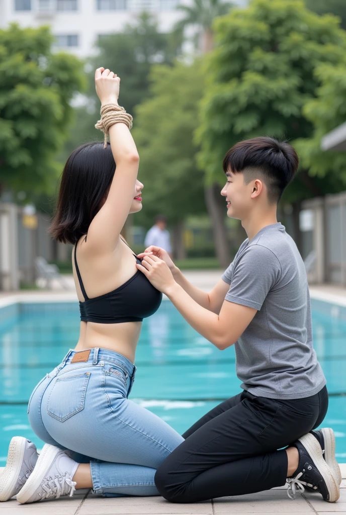 1 man, 1 woman, (male model hugging female model, grabbing hips from back, kissing, intimacy: 1.2), Araf woman in pink top and jeans and handsome male model, Korean female fashion model, photo of slim girl model, wearing tight simple clothes, thin waist and thick buttocks: 1.1, gorgeous young Korean woman in sexy cropped top in crop top in crop top, Korean girl, casual clothing style, 2 4 year old female model, beautiful Korean woman, HD, 16k, realistic, Small round face: 1.0, realistic perfect face and skin, detailed beautiful glasses, double eyelids, long eyelashes, swollen eyes, realistic face and eyes, facial light, super detailed facial details, lip gloss, blush: 1.0, brand open crop top (pink, open V-neck, super realistic detailed clothes: 0.8, huge boobs: 1.5, perfect breasts and nipple bulge: 1.5), high-end brand skinny jeans ((super realistic detailed jeans: 0.6)), perfect big boobs, perfect breasts, perfect waist, perfect buttocks, (enchanting, beautiful, sexy: 1.0), (round calves: 1.2), (white and tender toes: 1.2, wearing high-end designer crystal sandals (stiletto heels: 0.5)), realistic and stylish shawl hair, shoulder length: 1.0, smiling teeth: 1.0, handsome male model: 1.0, private shooting, private shooting, background ((super luxurious yacht, green venue, buffet table, swimming pool, Poolside umbrellas and beach chairs)), dancing with a male model: 1.2, beautiful dancing: 1.5, autofocus: 1.2, various poses, shooting full body: 1.5