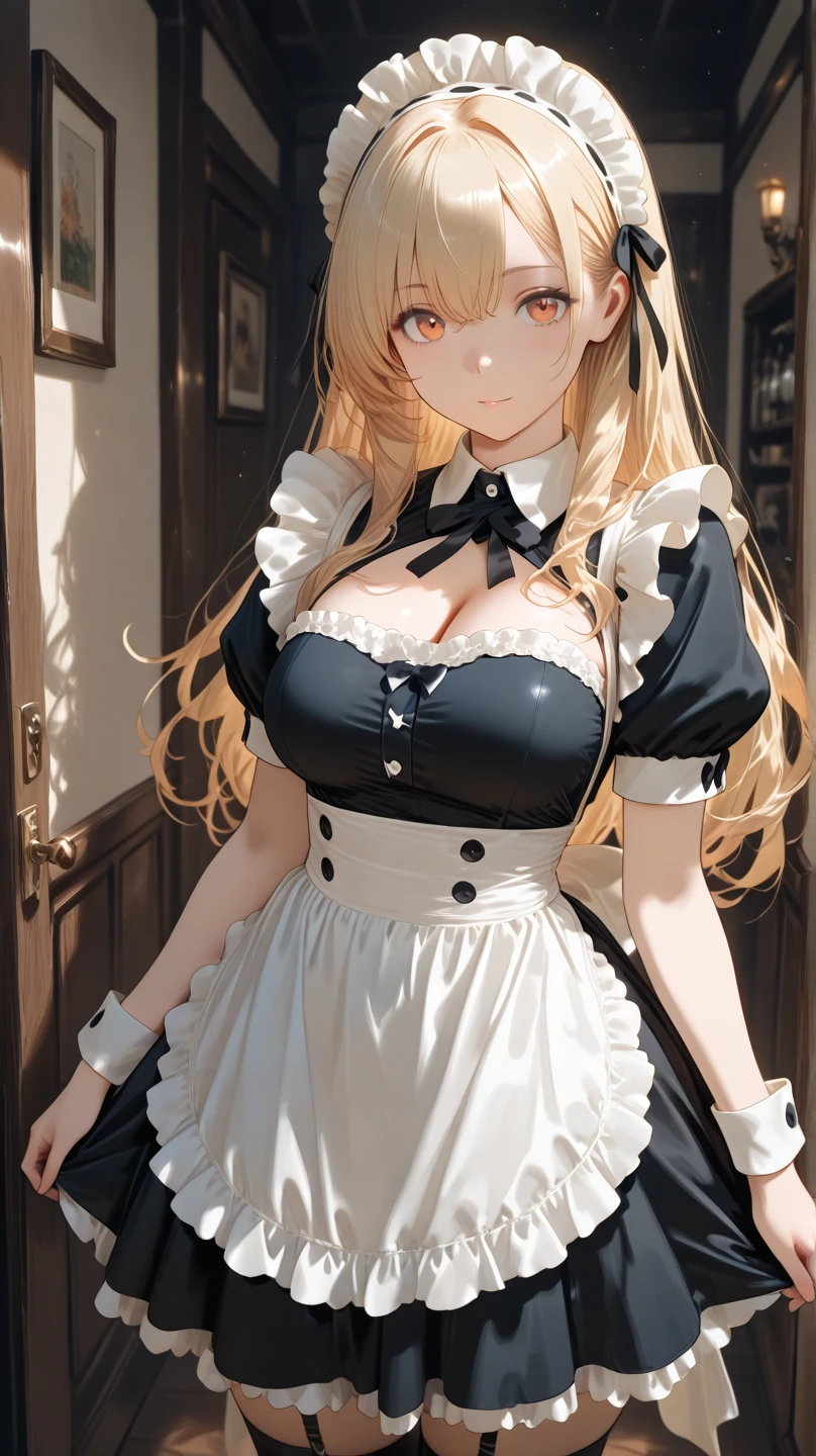 (masterpiece, highest quality), whole body, 1 female, alone, maid dress, Classic Maid，Standing picture，whole body，long，long hair，big breasts，Pause，Put your hands on your face，slouch，，囁くPause，Call