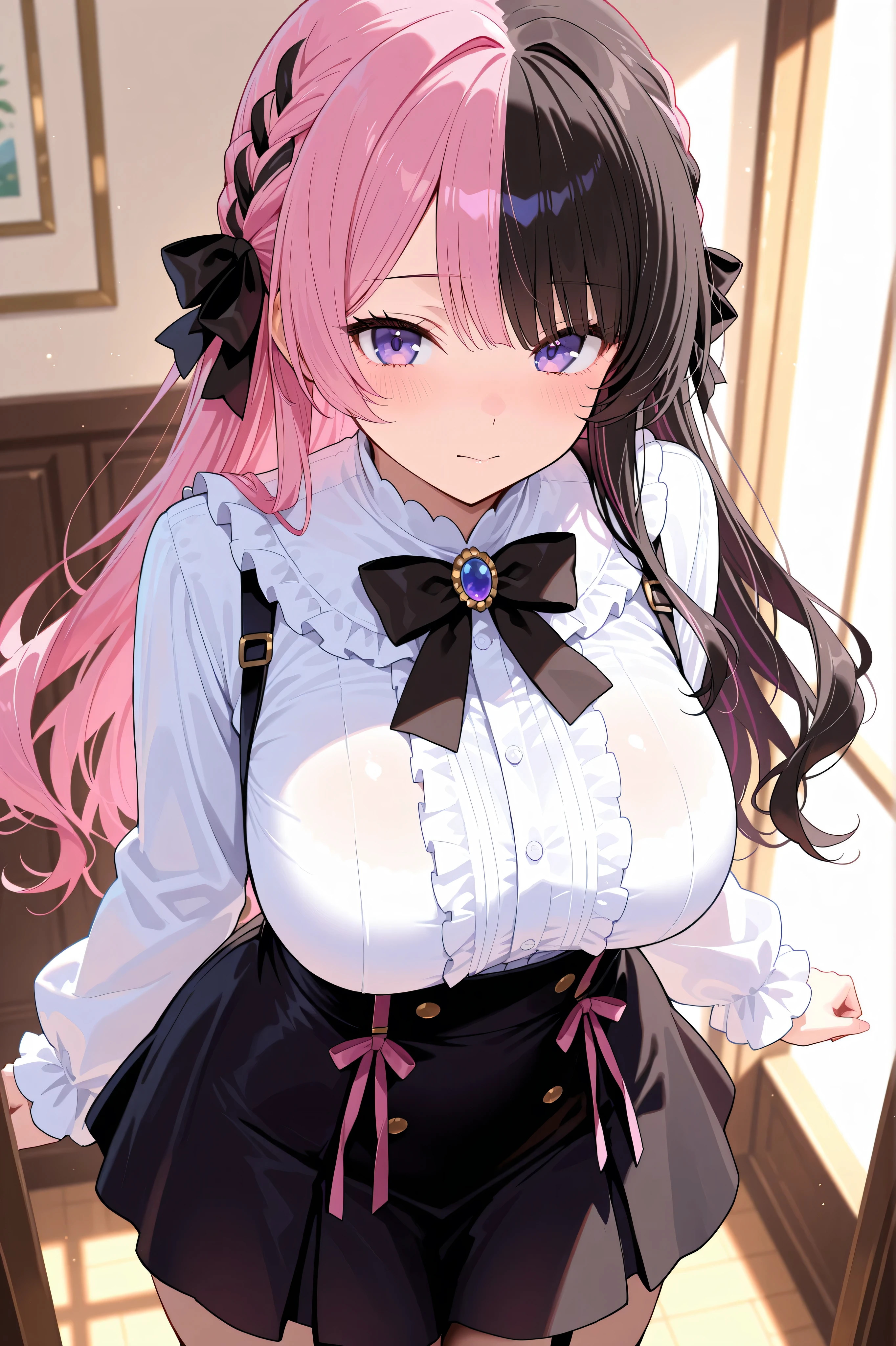 masterpiece,best quality, amazing quality, highres, absurdres, very aesthetic, high resolution, ultra detailed, perfect details,Hinan0, purple eyes,(two-tone hair), multicolored hair, pink hair, black hair, long hair, french braid, hair bow,Hinan0Def, purple eyes, multicolored hair, pink hair, black hair, long hair, french braid, hair bow, black bowtie, brooch, frilled shirt, white shirt, long sleeves, black skirt, suspender skirt