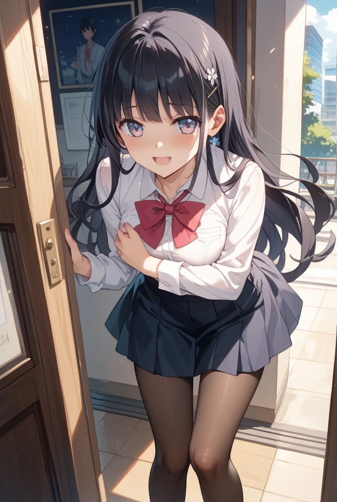 masterpiece, best quality, high resolution, little girl,from below, evil smile,closed mouth,skirt,black pantyhose, panties under pantyhose,school uniform,serafuku,white shirt, pleated skirt,blue skirt