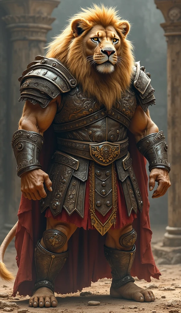 Bald beard muscular moroccan warrior riding Legendary roaring lion