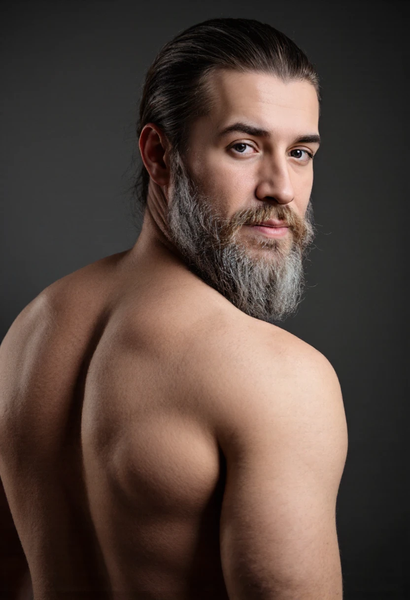 photograph of a beautiful man with black curly hair and a beard, he is naked, he is sitting sideways on a chair, leaning over a bench, professional photography, sensual gay shoot, photography with studio lighting in a dark environment, high resolution