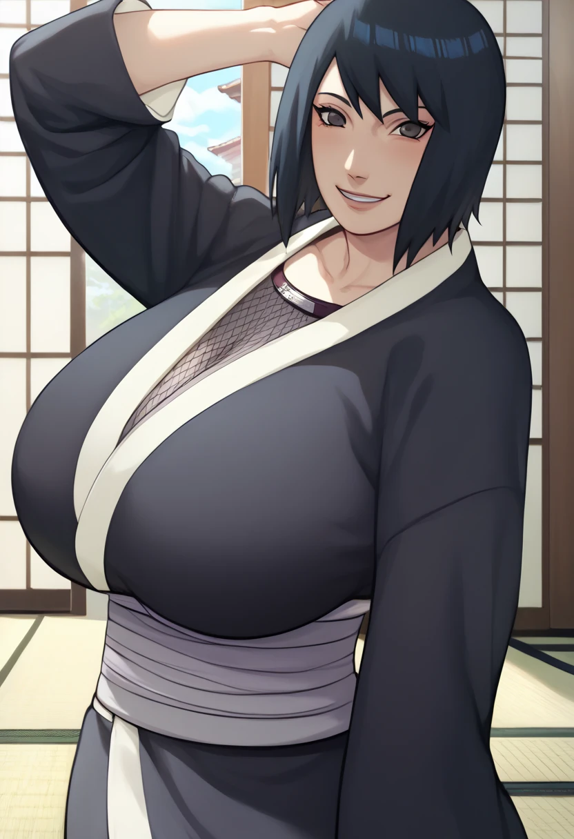masterpiece, absurdres, hinata\(boruto\), 1girl, solo,mature female, looking at viewer, (falling petals), perfect composition, detailed lips, gigantic breast, beautiful face, body propotion, (pink lips), short hair, purple eyes, soft gaze, super realistic, detailed, photoshoot, realistic face and body, ((black skirt suit:1.1), pencil skirt, miniskirt,curvy, thighs, higheels, shiny clothes, skin tight), gigantic breasts, curvy, cowboy shot, cleavage, curvy ass, bubble butt, back view