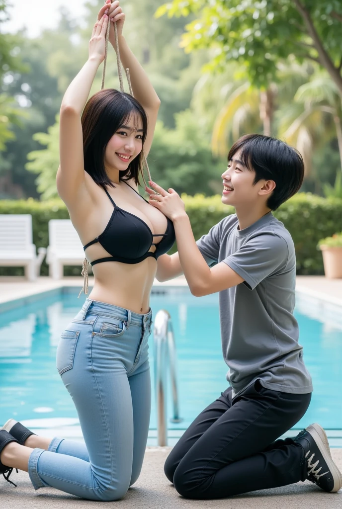 1 man, 1 woman, (male model hugging female model, kissing, intimate relationship: 1.2), Araff woman in pink top and jeans and handsome male model, Korean female fashion model, photo of slim girl model, wearing tight simple clothes, skinny waist and thick buttocks: 1.1, gorgeous young Korean woman wearing sexy cropped top in crop top with crop top Korean girl, casual dress style, 2 4 year old female model, beautiful Korean woman, HD, 16k, realistic, small round face: 1.0, realistic perfect face and skin, detailed beautiful glasses, double eyelids, long eyelashes, swollen eyes, realistic face and eyes, facial light, super detailed facial details, lip gloss, blush: 1.0, brand open crop top (pink, open V-neck, super realistic detailed clothes: 0.8, huge boobs: 1.5, perfect breasts and nipple bulge: 1.5), high-end brand skinny jeans ((super realistic detailed jeans: 0.6)), perfect big boobs, Perfect breasts, perfect waist, perfect buttocks, (enchanting, beautiful, sexy: 1.0), (round calves: 1.2), (white and tender toes: 1.2, wearing high-end designer crystal sandals (stiletto heels: 0.5)), realistic and stylish shawl hair, shoulder length: 1.0, smiling teeth: 1.0, handsome male model: 1.0, private shooting, private shooting, background ((super luxurious yacht, green venue, buffet table, swimming pool, poolside parasols and beach chairs)) , dating a male model, dancing: 1.2, dancing gracefully: 1.5, autofocus: 1.2, variety of poses, shooting full body: 1.5