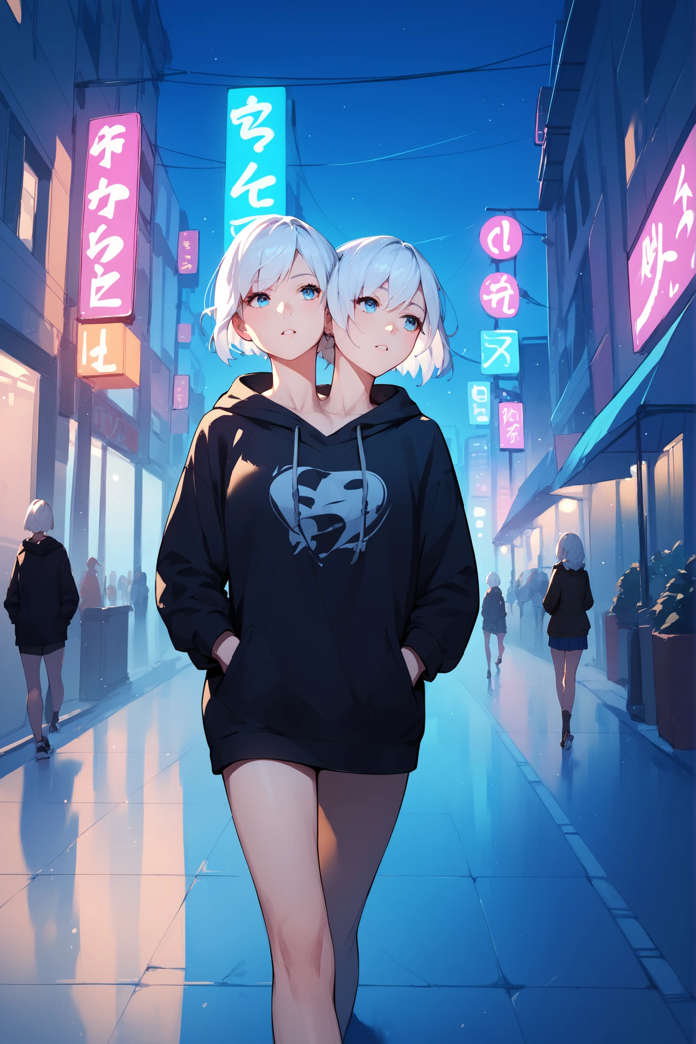 anime girl with two heads, white hair, blue eyes, looking around, black hoodie jacket, hands in pockets, walking down a neon street at night