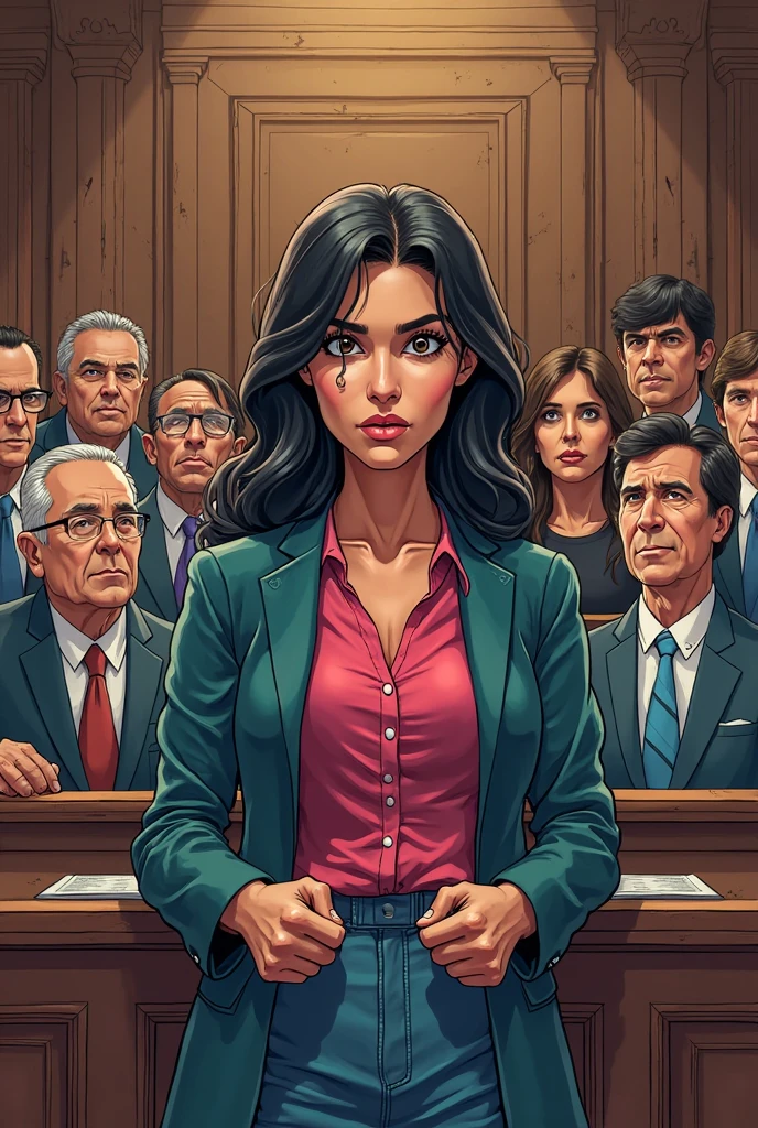 A cute woman (age 40, perm in hair, formal jacket, mini skirt, high heels, little make up, cleavage small but over exposed, folder, cell phone) is questioning a witness in a court room