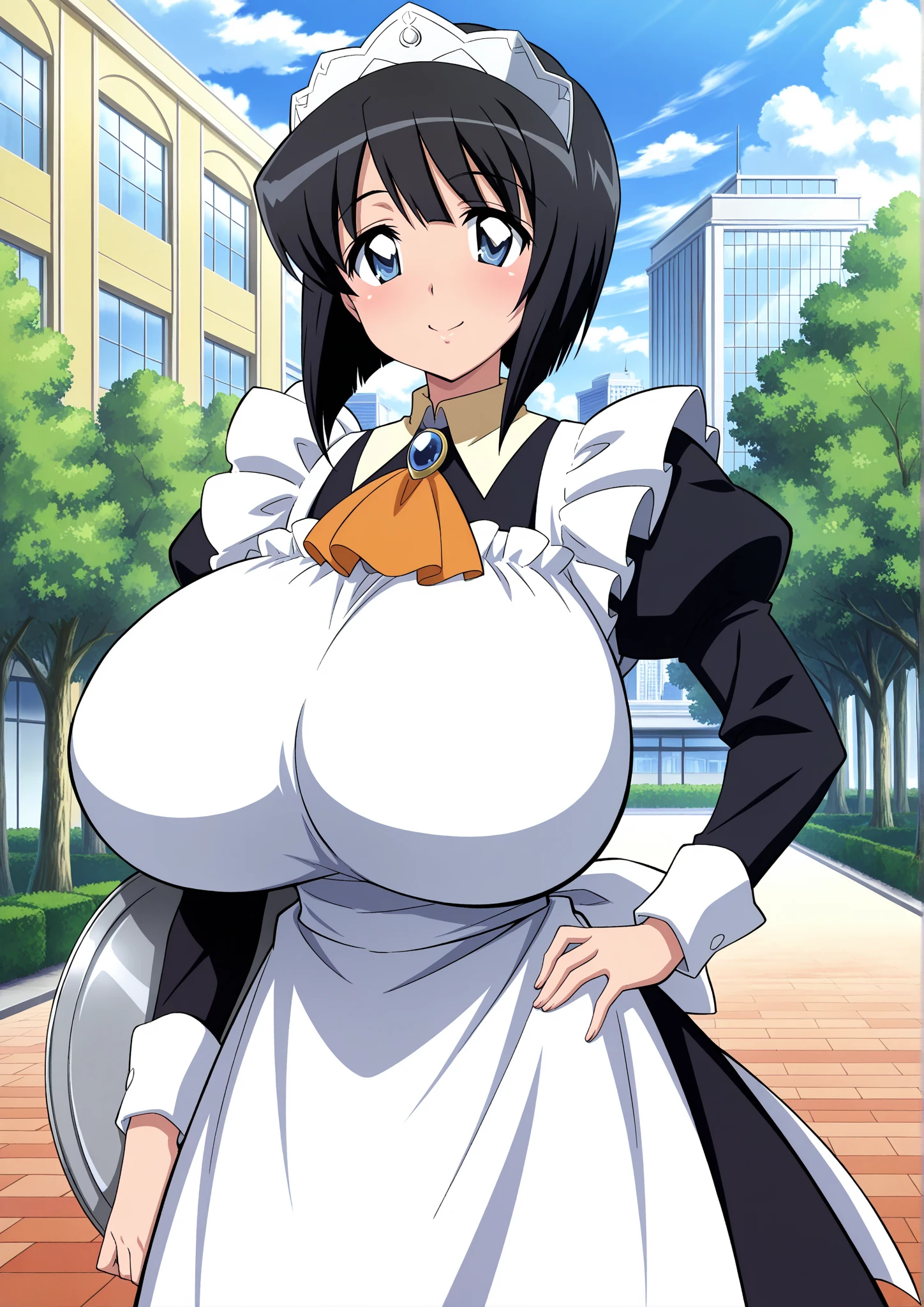 high quality, masterpiece, (photographrealistic:1.4), 8K, perfect body, Voluptuous body, curvy body, Erotic cartoon style body, Married woman atmosphere, mamma size, (gigantic breasts:1.5), (muscular:1.1), doroppy breasts, thick Thighs, clavege, ((maid)), 27-year-old, (smile), sitting in the garden, small wear, middle hair,