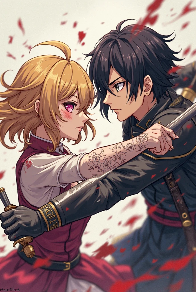(Manga_style), (Comic Noir Style), (linear art), (black-and-white), (monotone_strong contrasts), boy with sword, girl with big breast crying