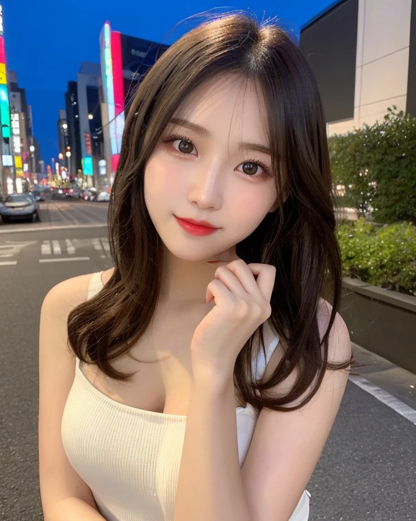 masutepiece, Best Quality, Illustration, Ultra-detailed, finely detail, hight resolution, 8K Wallpaper, Perfect dynamic composition, Beautiful detailed eyes, she is wearing a black dress,Medium Hair,Natural Color Lip, Bold sexy poses,Smile,Harajuku、20 years girl、Cute、Sexy shot looking at camera、C Cup、Brown hair、caste-like face、Blurred night downtown background