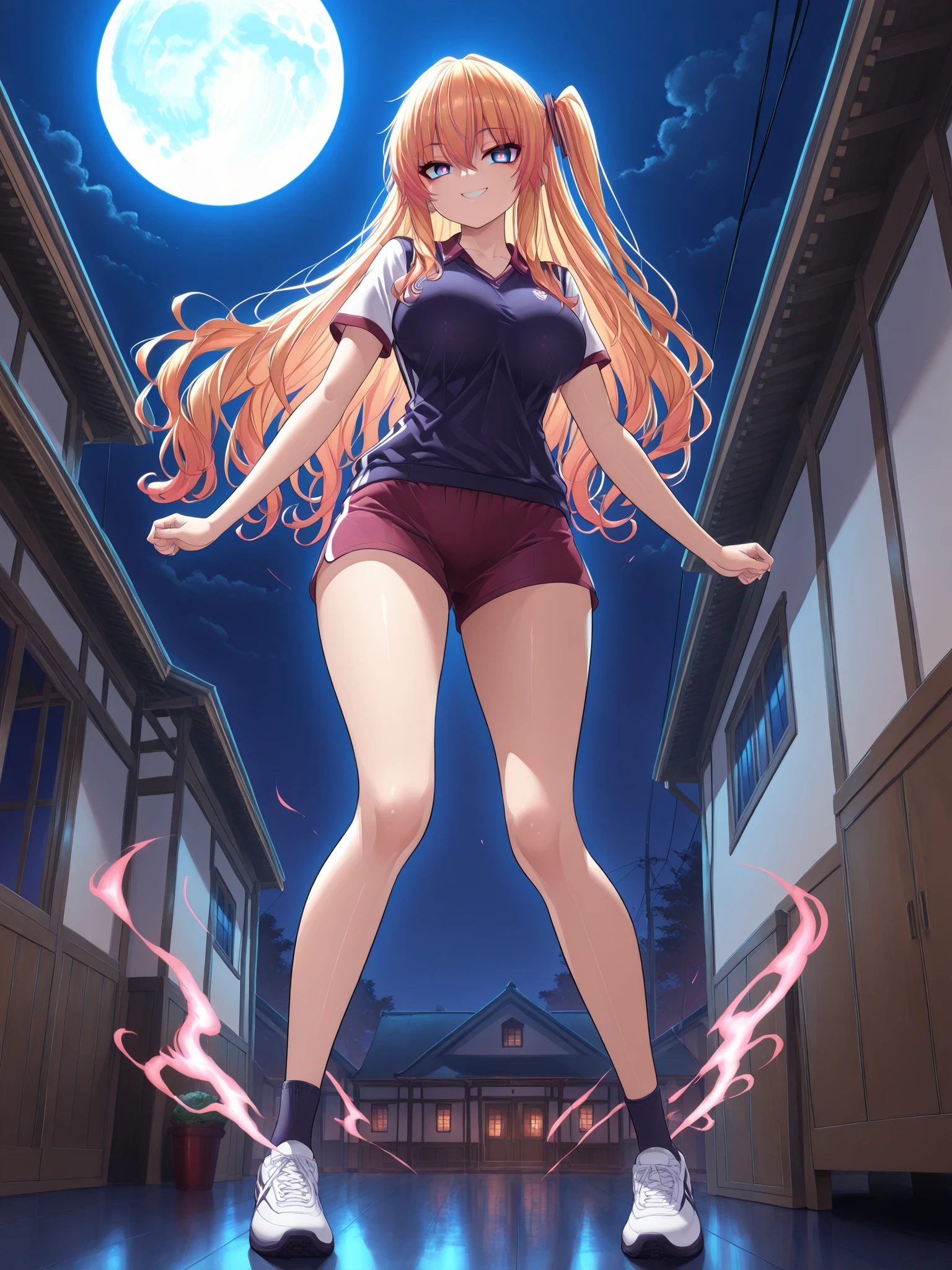 Produce a striking masterpiece in anime, (anime women), (ultra detailed), (UHD, HDR), (8k), (highres:1.2), (intricate and beautiful:1.2), (dramatic lighting:1.2), (complete body), (beutifull body),(strong), (marked abdomen), (ultra detailed), lora:add_detail:1 lora:add_detail:1, honey silver flowing hair, long hair, big smile, lighting aura, full body, detailed blue eyes, yandere eyes, smile, 39 years old, lighting aura, sportswear, full body, midnight, full body, night, big moon  for the window, in her house.  Produce a striking masterpiece in anime style depicting exuding power. Surrounded by withe wind, emanating an aura of strength and dominance. 
