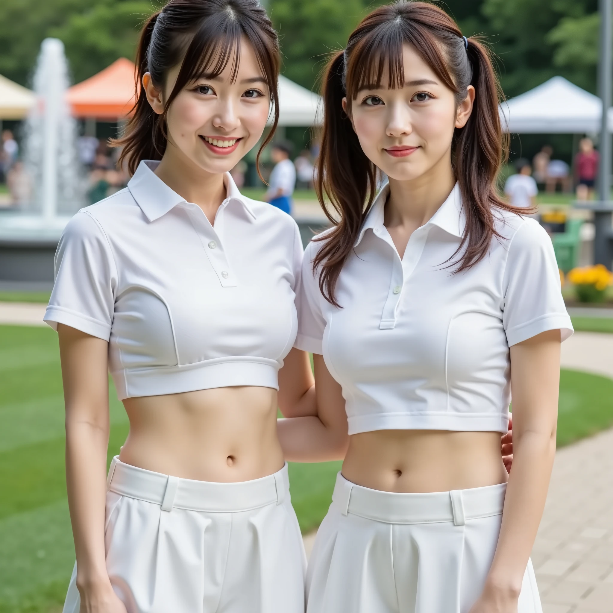 『they have different faces and hairstyles2 Japanese girls in tennis panties、1 Person Short Hair:1.9』『droopy eyes、round face、Real Photo:1.3』Highest Quality:1.2、((Big Saggy Breasts))、My belly button is black inside、I can see my cleavage slightly、((40 year old woman))、((2 people with different faces、2 people with different hairstyles))((Beautifully shaped belly button 、smiling:1.3))、(((is anatomically correct、Perfect Anatomy、is anatomically correct指)))、realistic, Highest Quality, Ultra High Definition, RAW Photo, (Narrow waist:1.5)、Two Daughters、barbecue to grill meat、T-shirt、can see her underbust、naked、Twintail Shorthair、wide forehead、You can see fountains and lawns in the park、You can also see street stalls