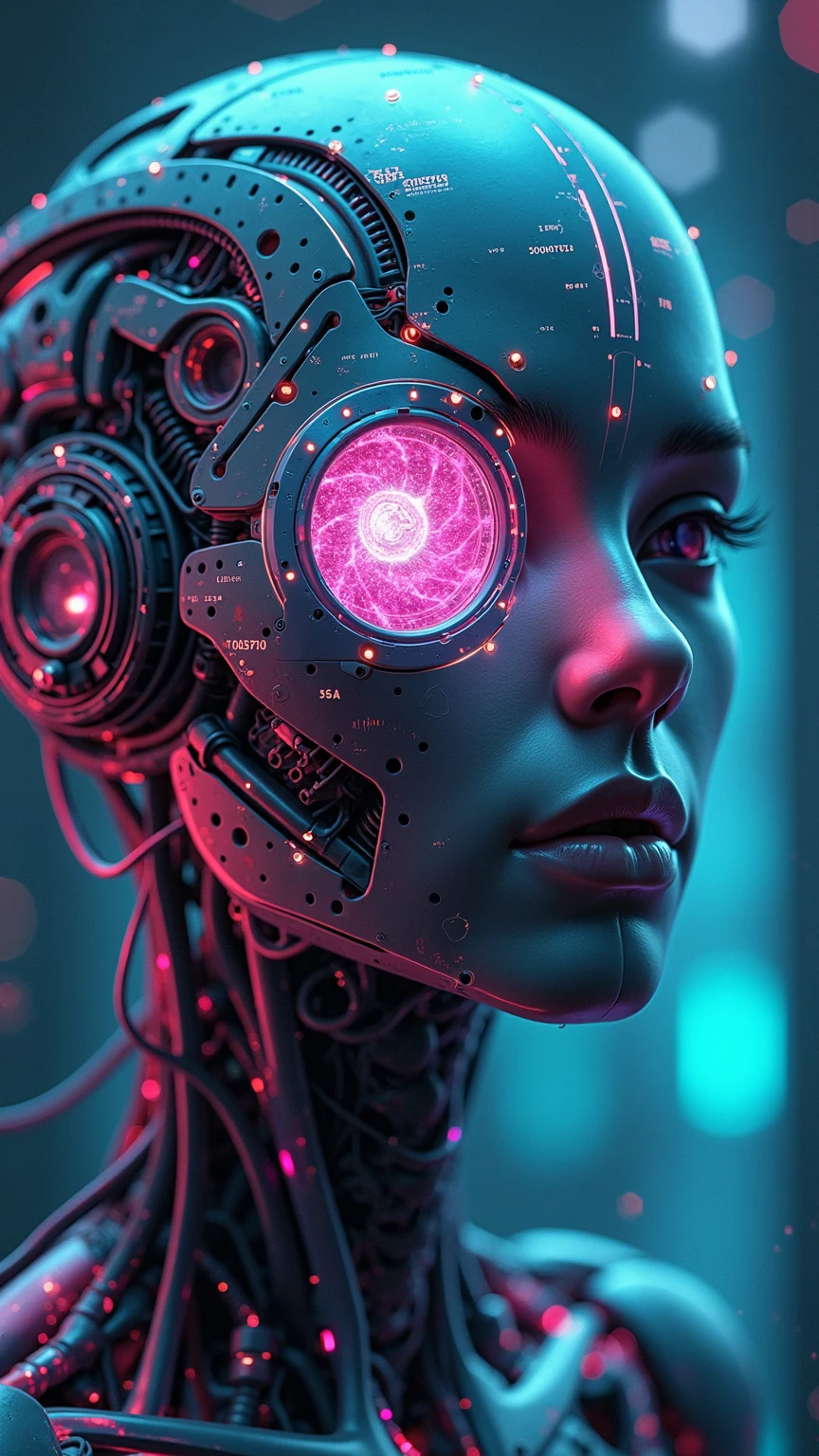 futuristic neon cyberpunk illustration featuring a hyperrealistic human-cyborg head adorned with intricate circuitry patterns etched into metallic skull plating, glowing fiber optic cables weaving across the surface and converging at a crystalline lens over one eye, emitting pfuturistic neon cyberpunk illustration featuring a hyperrealistic human-cyborg head adorned with intricate circuitry patterns etched into metallic skull plating, glowing fiber optic cables weaving across the surface and converging at a crystalline lulsating azure and magenta light, digital holographic panels projecting from temples and forehead displaying floating data streams and neon schematics in cyan and pink, faint hexagonal bokeh drifting across the frame, subtle circuit tracers glowing on matte metal, soft volumetric light rays from behind casting dramatic rim lighting and shadows across cheek contours, high resolution 8K textures capturing micro-solder joints and brushed steel reflections, synthetic polymer skin blending seamlessly with luminous circuits, depth-of-field blurring a background of cybernetic towers and holographic code streams, contrast of deep indigo shadows and vibrant neon highlights, cinematic wide aspect ratio with off-center focus on the glowing eye, ambient lens flares accentuating bright nodes, palette of cool blues, hot pinks, and emerald greens, subtle particle noise and micro sparks floating around, photorealistic rendering with ray-traced reflections and ambient occlusion, slight vignette framing the composition for immersive focus, dystopian mood evoking advanced AI and transcendent digital consciousness, neural circuit halo glowing around the crown, dynamic light and texture interplay creating a mesmerizing fusion of humanity and machine, rotating translucent ring interfaces casting soft refracted glows, realtime diagnostic readouts with alphanumeric code streams and encryption glyph overlays, reflective micro-droplets clinging to exposed circuitry junctions
