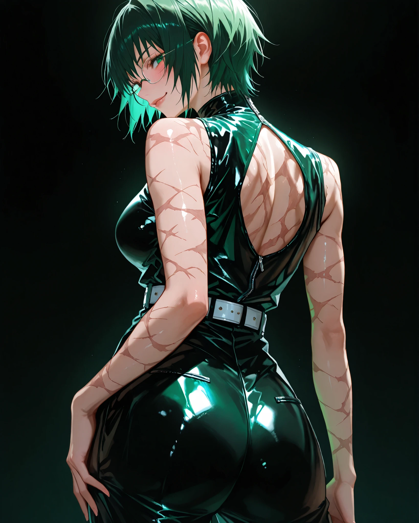 closeup, Sluisap, eyes、usnr、GBF_style、748cmstyle、32K、Semi-realistic、 super detailed description 、Artwork、Original Works、 detailed color、 detailed eyes、 detailed lips 、 The Greatest Masterpiece、Professional work、normal Breasts , Jujutsu Kaisen character , Maki Zenin , Maki Zenin , wears glasses , Wearing a high neck , sleeveless black latex top , glossy material , high waisted black pants latex , white colored belt , metallic buckle , scars on body . , green color hair , , sexy、 black color background、 cowboy shot, shiny body, full frame, full length, perfect fingers:1.3, very blushed face , smirking, close up, kneeling ,back view , blushing , shiny body , looking at the viewer over the shoulder