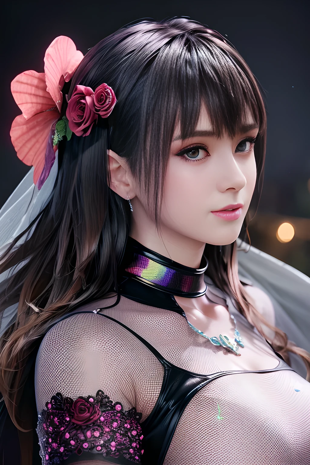 (Skin dents:1.5), Realistic, Realistic, (masterpiece:1.5), Concept Art, Intricate details, Very detailed, Realistic, Octane Rendering, 8k, Unreal Engine, Dynamic pose, Highest quality, High resolution, (Realistic Face:1.1), (超Realistic:1.1), ((full_body)), Perfect Eyes,(Shiny skin:1.2), (((Hairstyle))), (((Perfect hands))), (Very detailed背景), ((Dynamic Background)), (Light), ((fine grain, High quality eyes, High quality face)), (((flowing Hairstyle))), wonderful, Written boundary depth, Bokeh, 4K, ((Gothic)), Mountain Background, Lightning, Glowing blue iris, (((Gorgeous dress for the evening))),Glittering necklace and earrings