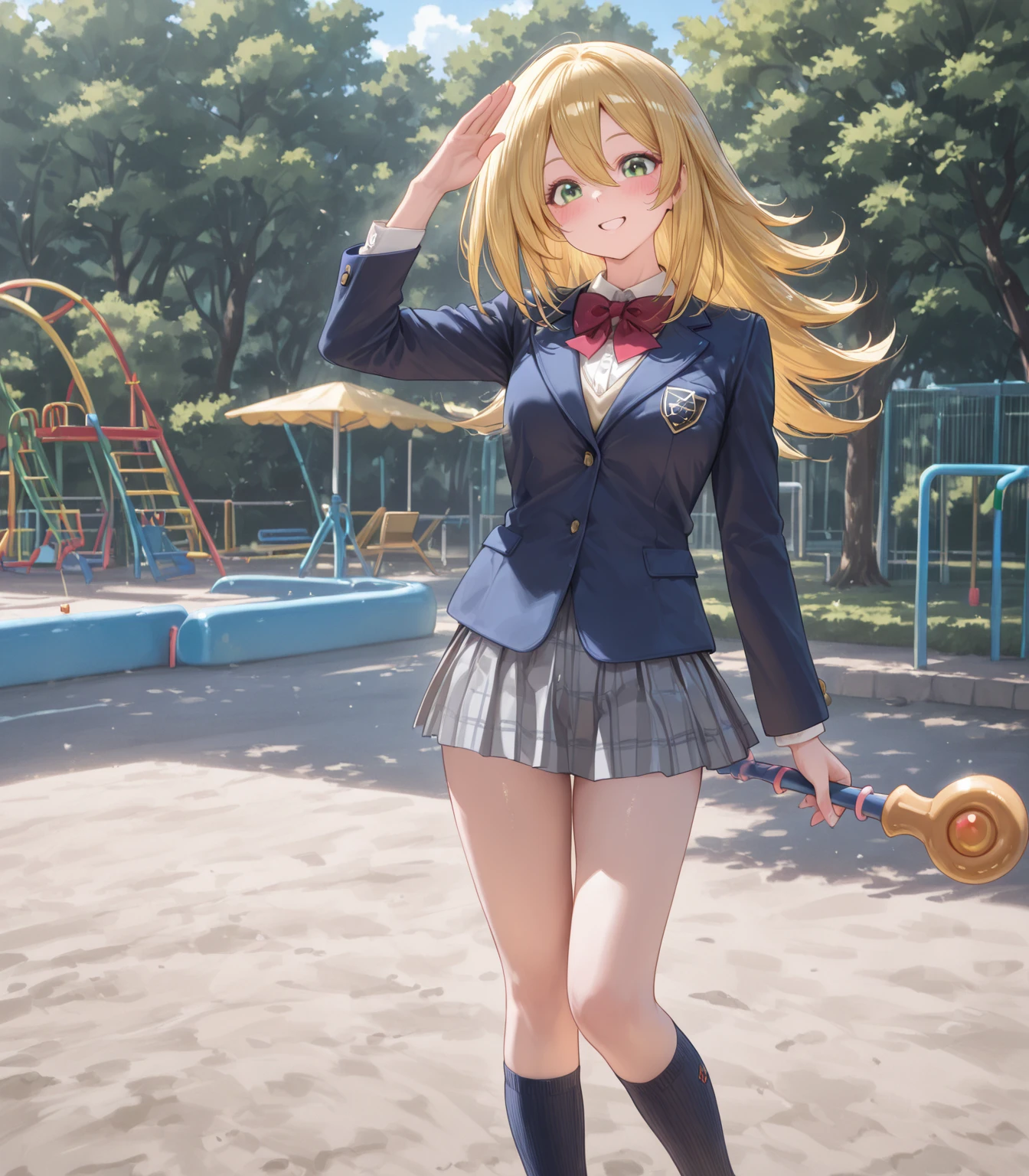 masterpiece, ultra high quality cg, best quality, 1girl, toast in mouth, blonde hair, long hair, ribbon in hair, schoolgirl outfit, skirt, sneakers, toast in mouth, wide shot, jumping