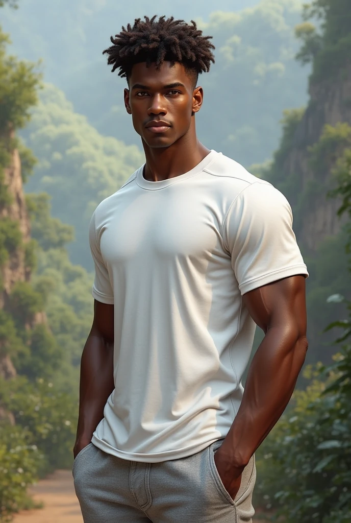 Light black guy, muscular man in white shirt