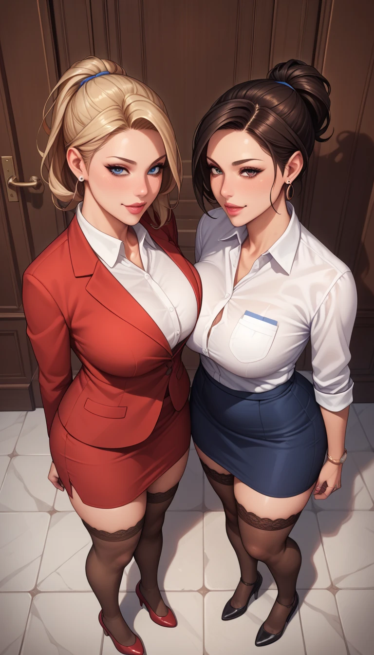 2girls, woman in red dress, woman in business suit, cleavage, lesbian