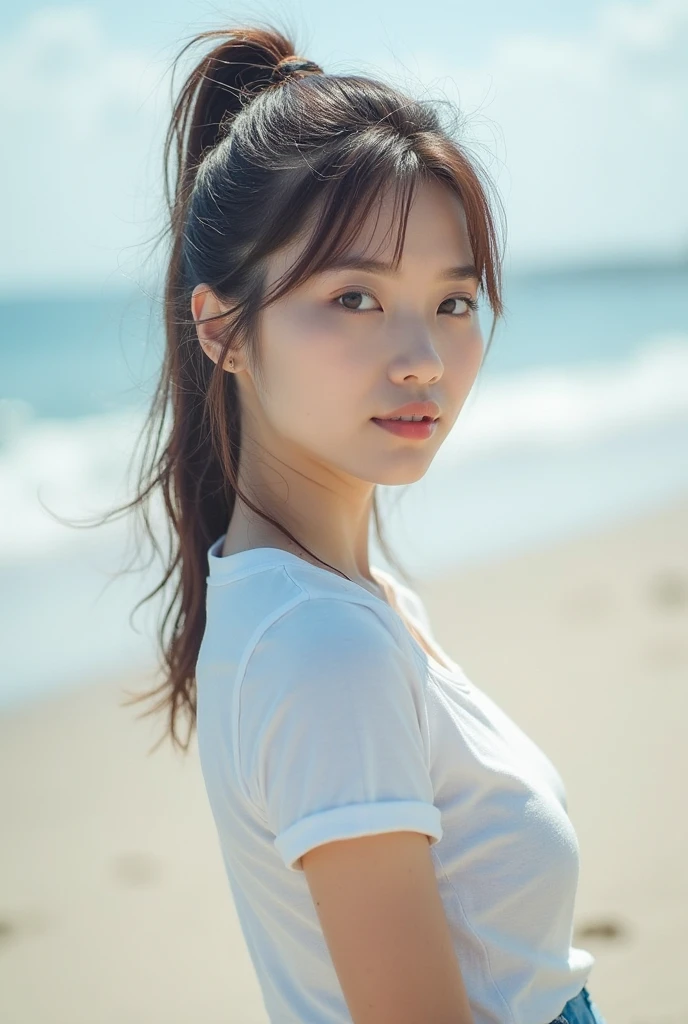 1 Realistic Pictures of Cute Korean Stars, Short ponytail, White skin, Thin makeup, 32 inch breast size, Wearing a camisole tank top, Walk by the beach, Sunset light, Upper body portrait, nffsw