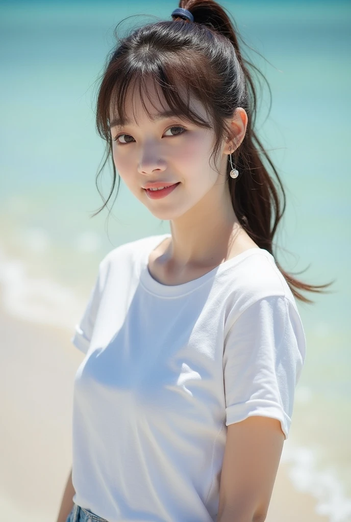 A cute young woman in a white shirt, her open chest shirt revealing a wet shirt with underwear showing through, her wet hair in a ponytail, gazing at the sea with a smile on her boat, 30 years old, with a hibiscus flower, (best quality,4k,8k,highres,masterpiece:1.2),ultra-detailed,(realistic,photorealistic,photo-realistic:1.37),HDR,UHD,studio lighting,ultra-fine painting,sharp focus,physically-based rendering,extreme detail description,professional,vivid colors,bokeh,portrait,photography,warm colors